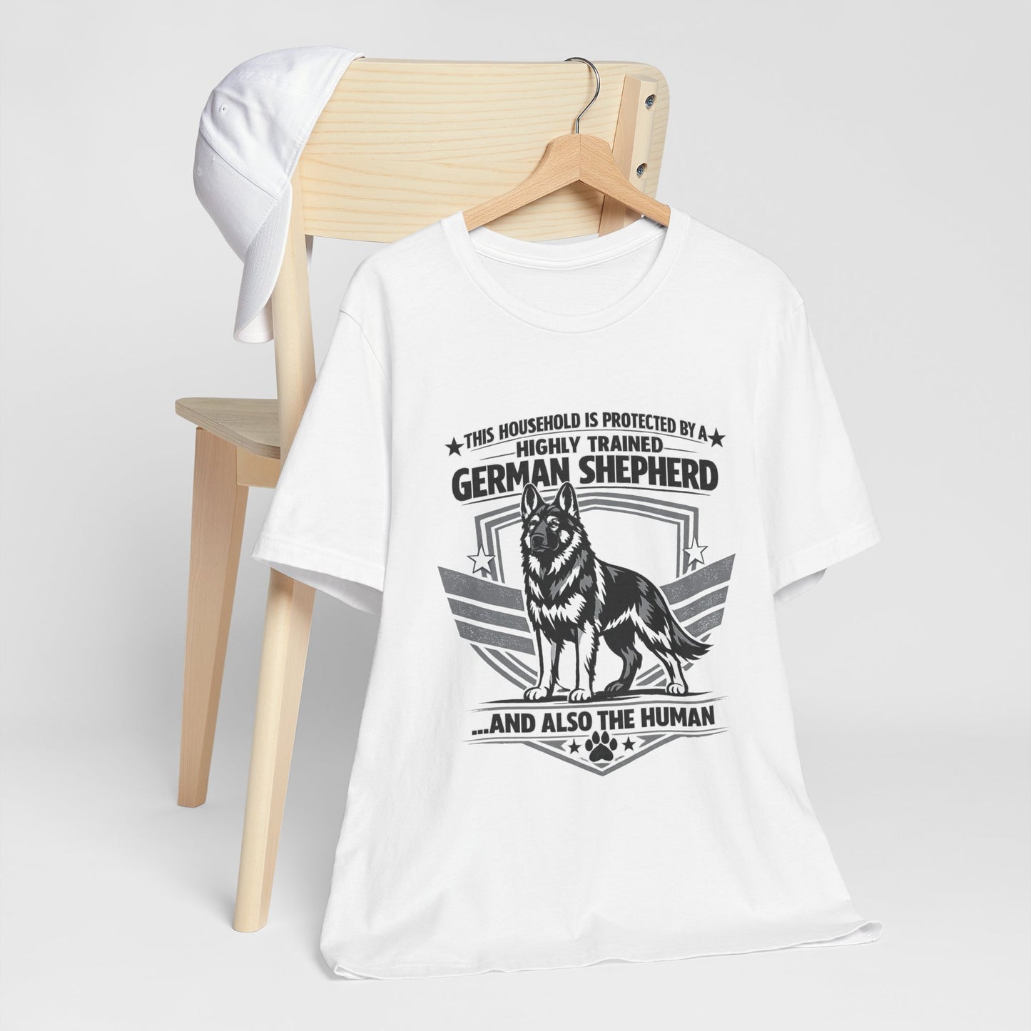 German Shepherd Tee - "This Household is Protected by a Highly Trained German Shepherd (and Also the Human)" Dog Lover Shirt