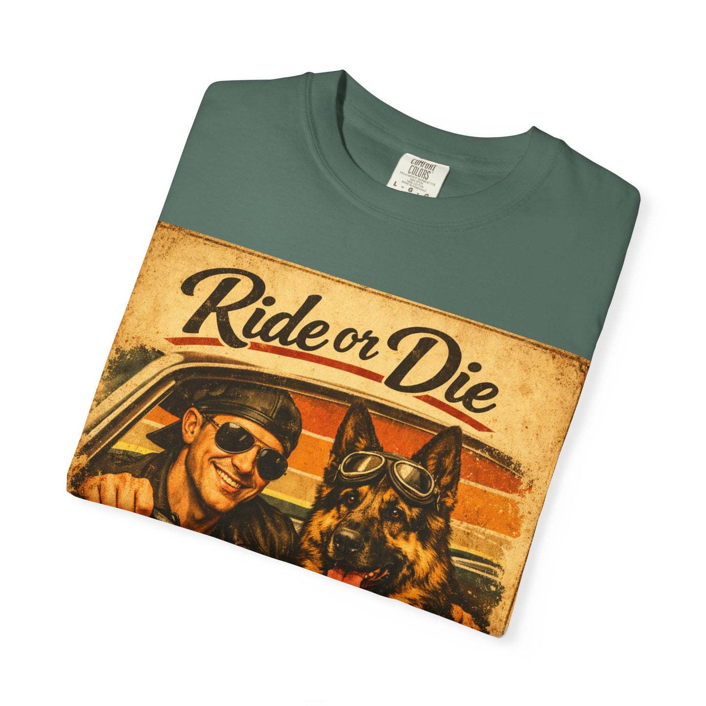 Ride or Die Co-Pilot T-shirt | Retro Driver and German Shepherd Design