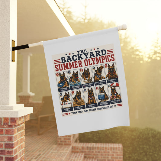 Funny German Shepherd Garden Flag – "The Backyard Summer Olympics