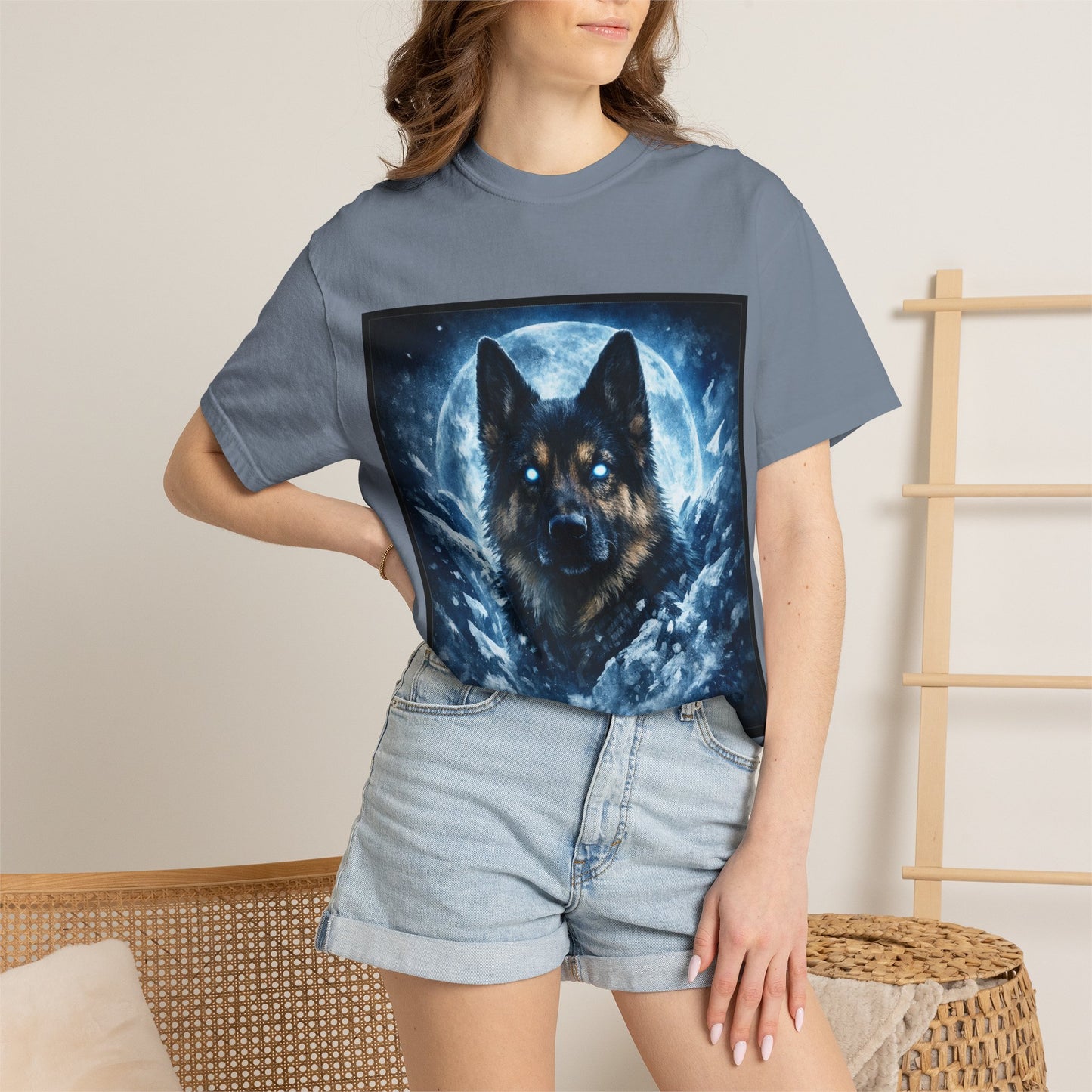 Mystic German Shepherd Moon T-shirt | Glowing Blue German Shepherd Portrait