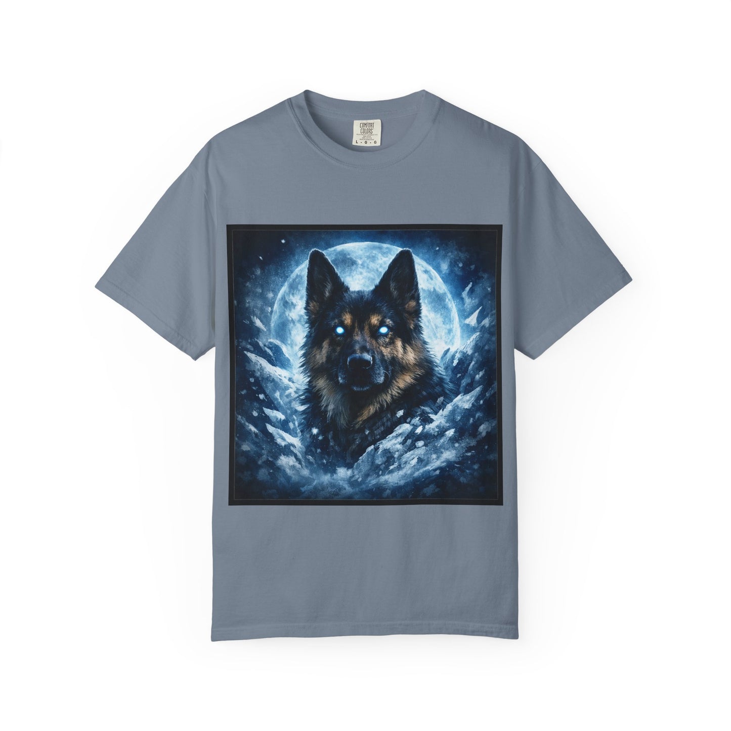 Mystic German Shepherd Moon T-shirt | Glowing Blue German Shepherd Portrait