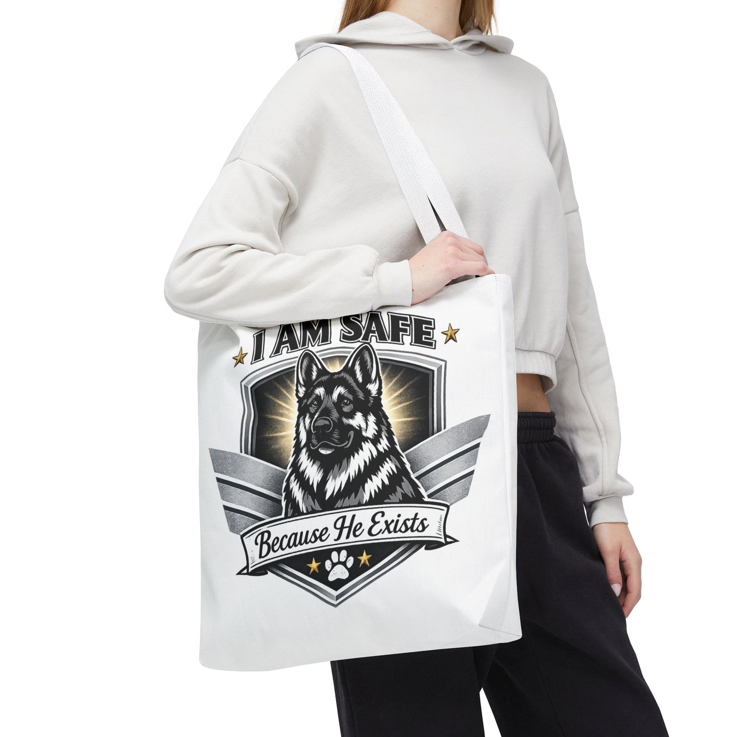 I Am Safe Because He Exists German Shepherd Tote Bag — K9 Protector Dog Lover Gift