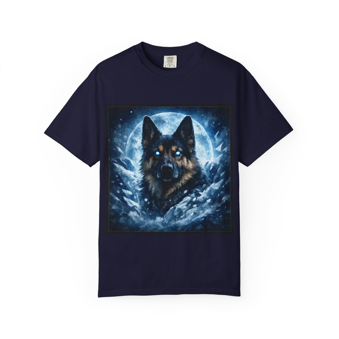 Mystic German Shepherd Moon T-shirt | Glowing Blue German Shepherd Portrait