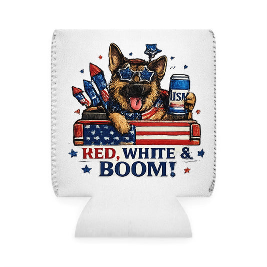 Red White & Boom German Shepherd Can Cooler | 4th of July Patriotic Koozie