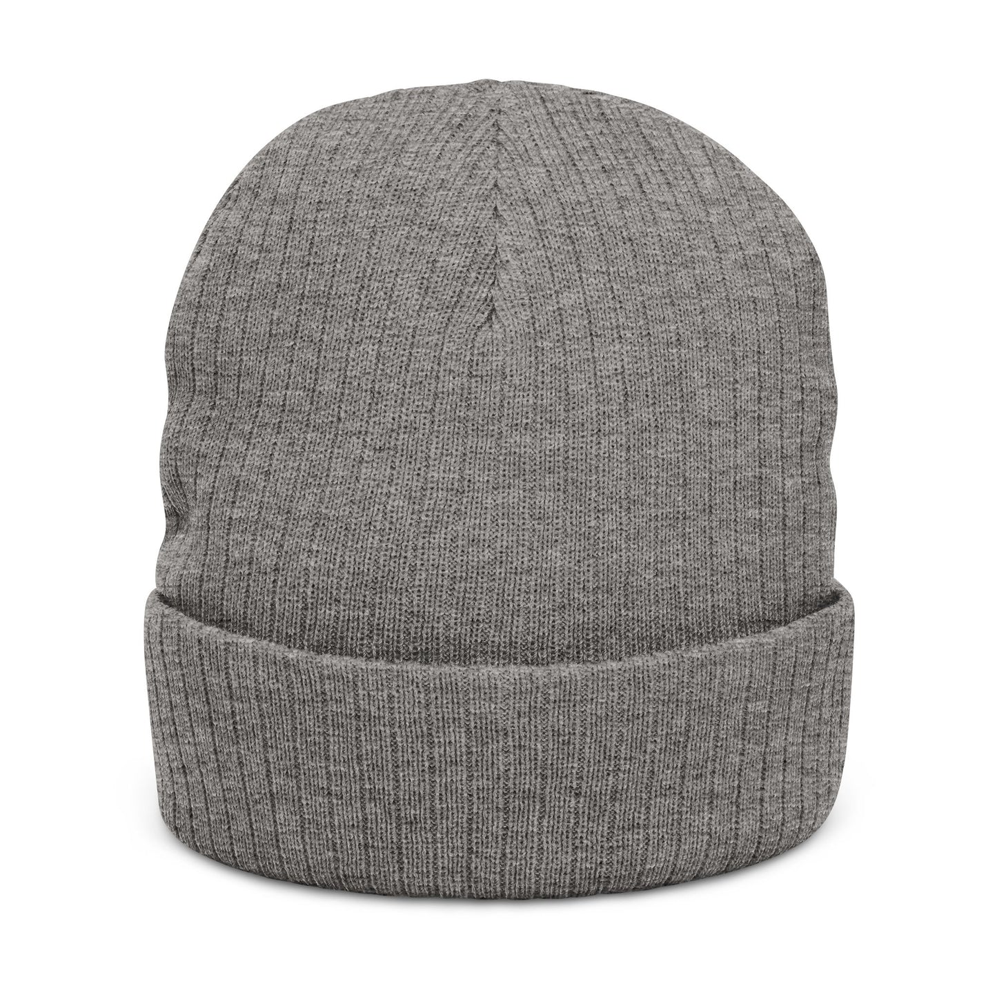 Embroidered Ribbed Knit Beanie — Vintage Crest Patch Winter Hat