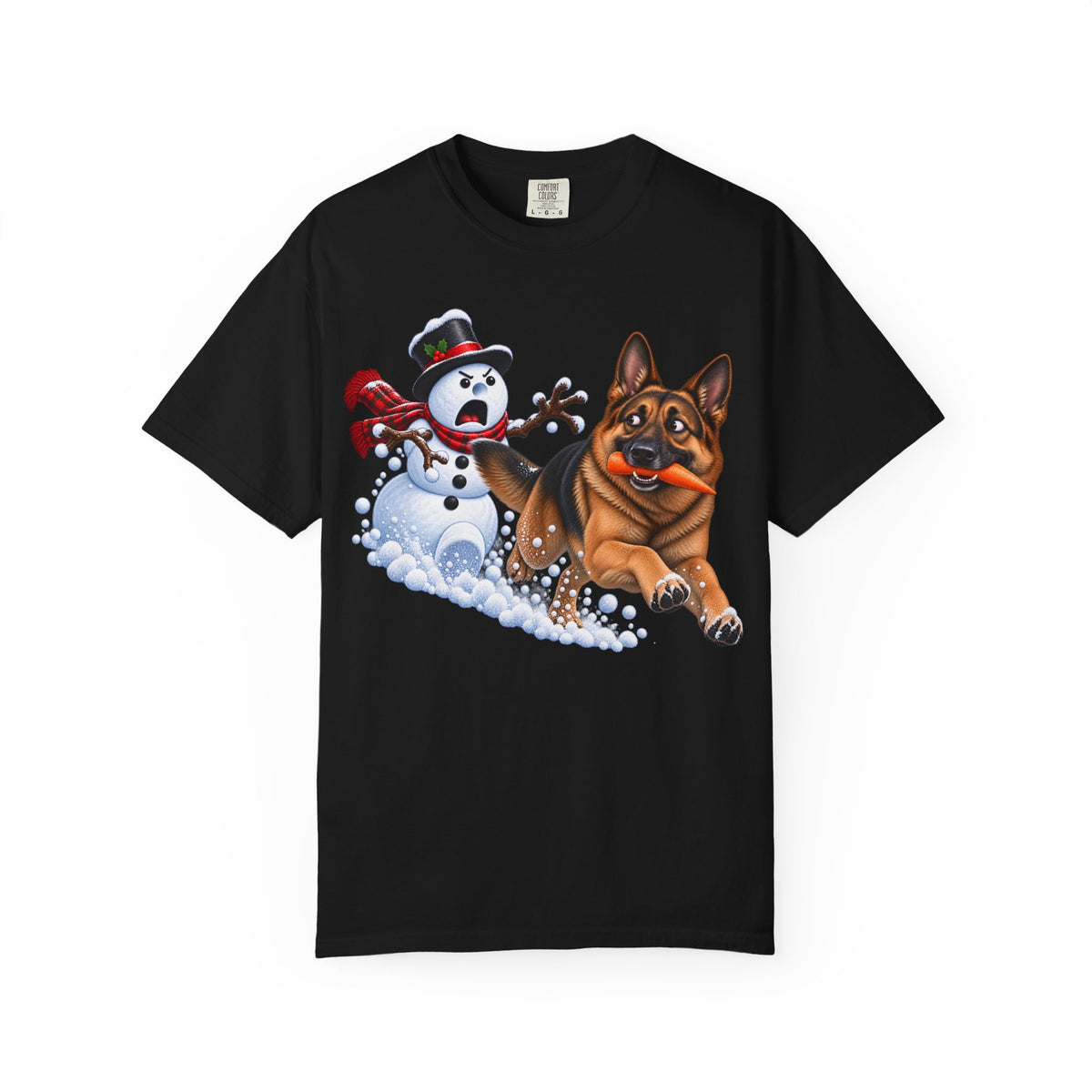 German Shepherd Snowman Carrot Chase T-Shirt – Funny Christmas GSD Shirt
