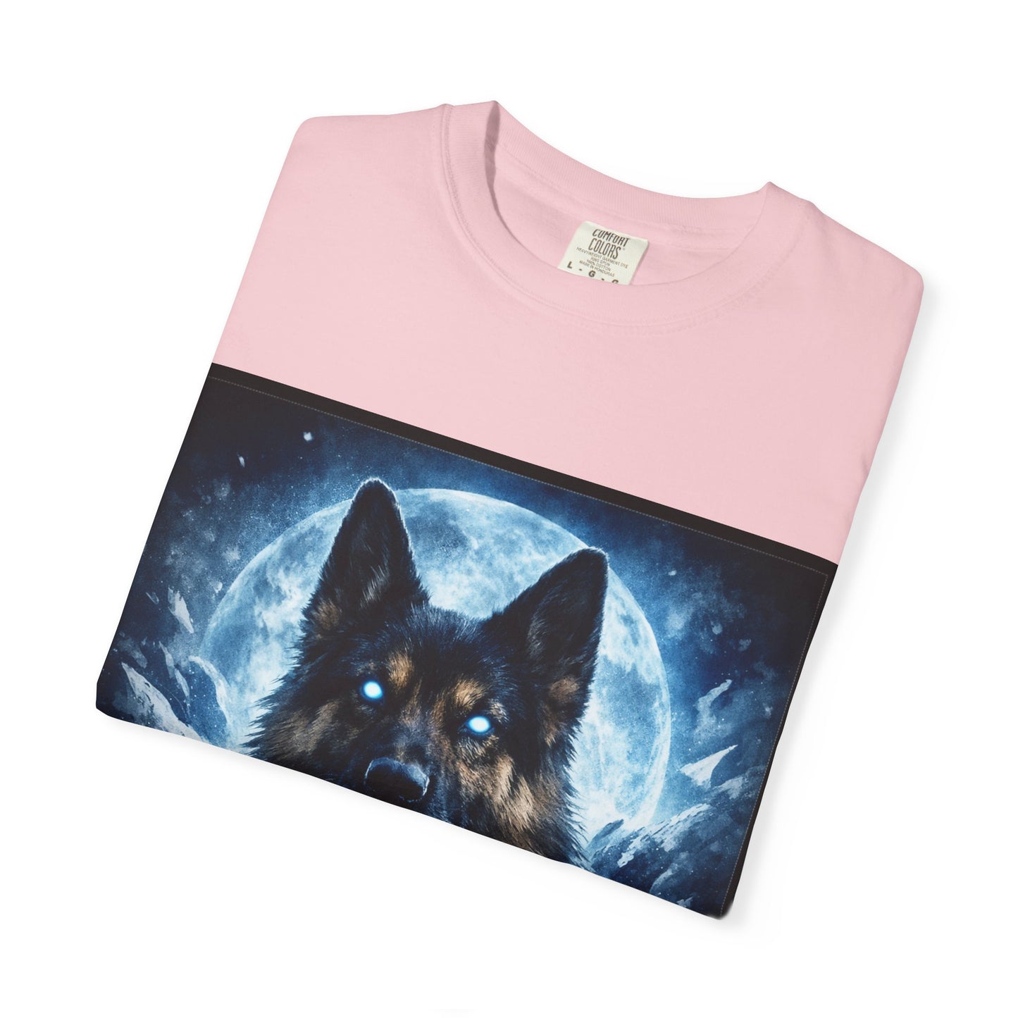 Mystic German Shepherd Moon T-shirt | Glowing Blue German Shepherd Portrait