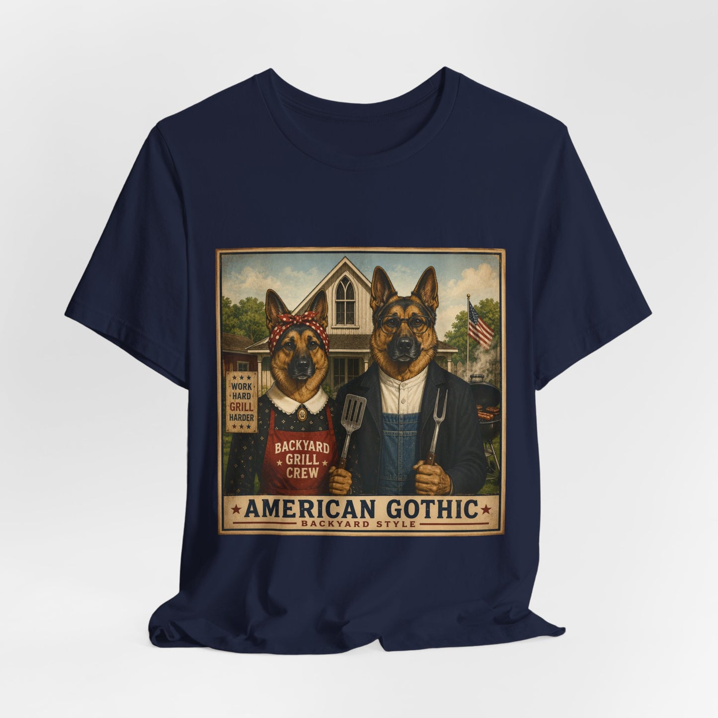American Gothic – Backyard Style | German Shepherd BBQ T-Shirt