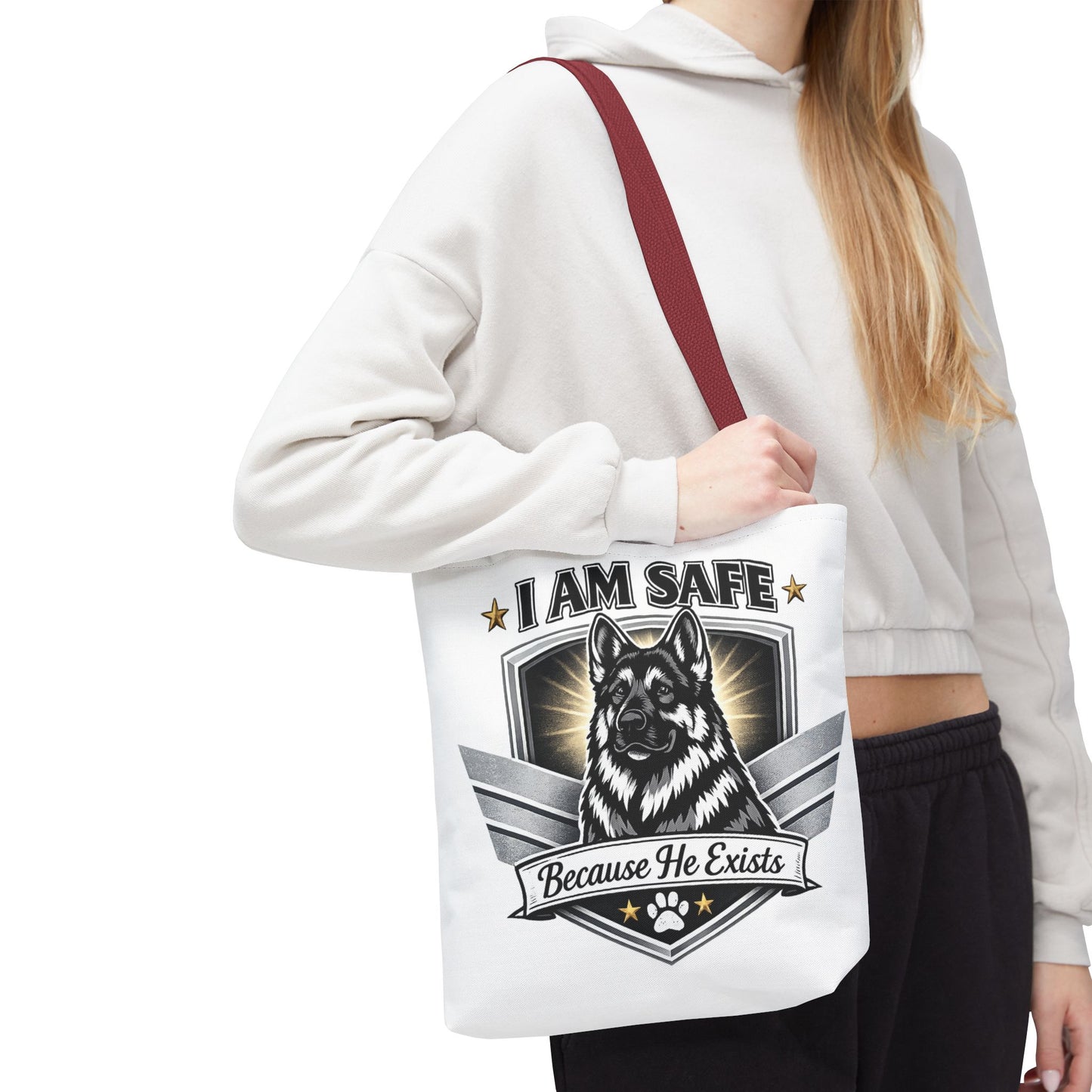 I Am Safe Because He Exists German Shepherd Tote Bag — K9 Protector Dog Lover Gift