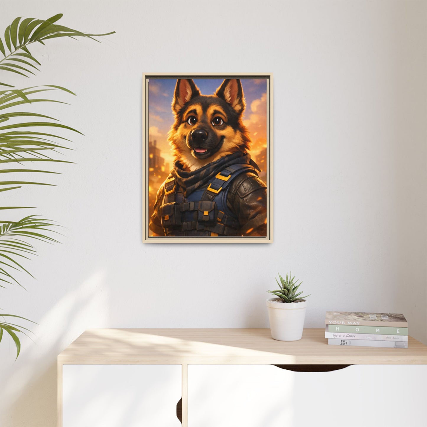 German Shepherd Hero Art – Tactical Dog Character Wall Canvas | Cinematic GSD Decor | Framed Matte Canvas
