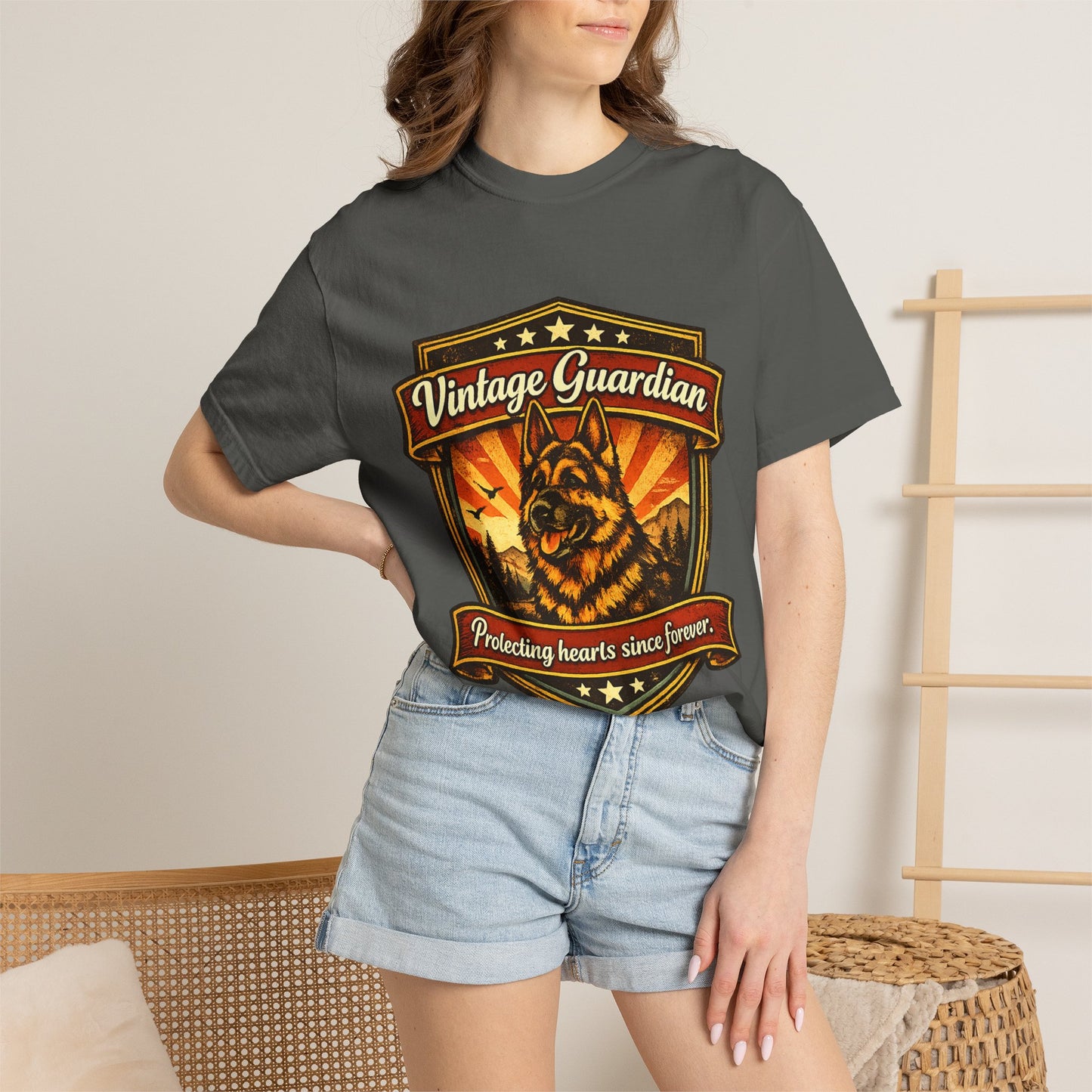 Vintage Guardian German Shepherd T-Shirt | Dog Badge Shield Design