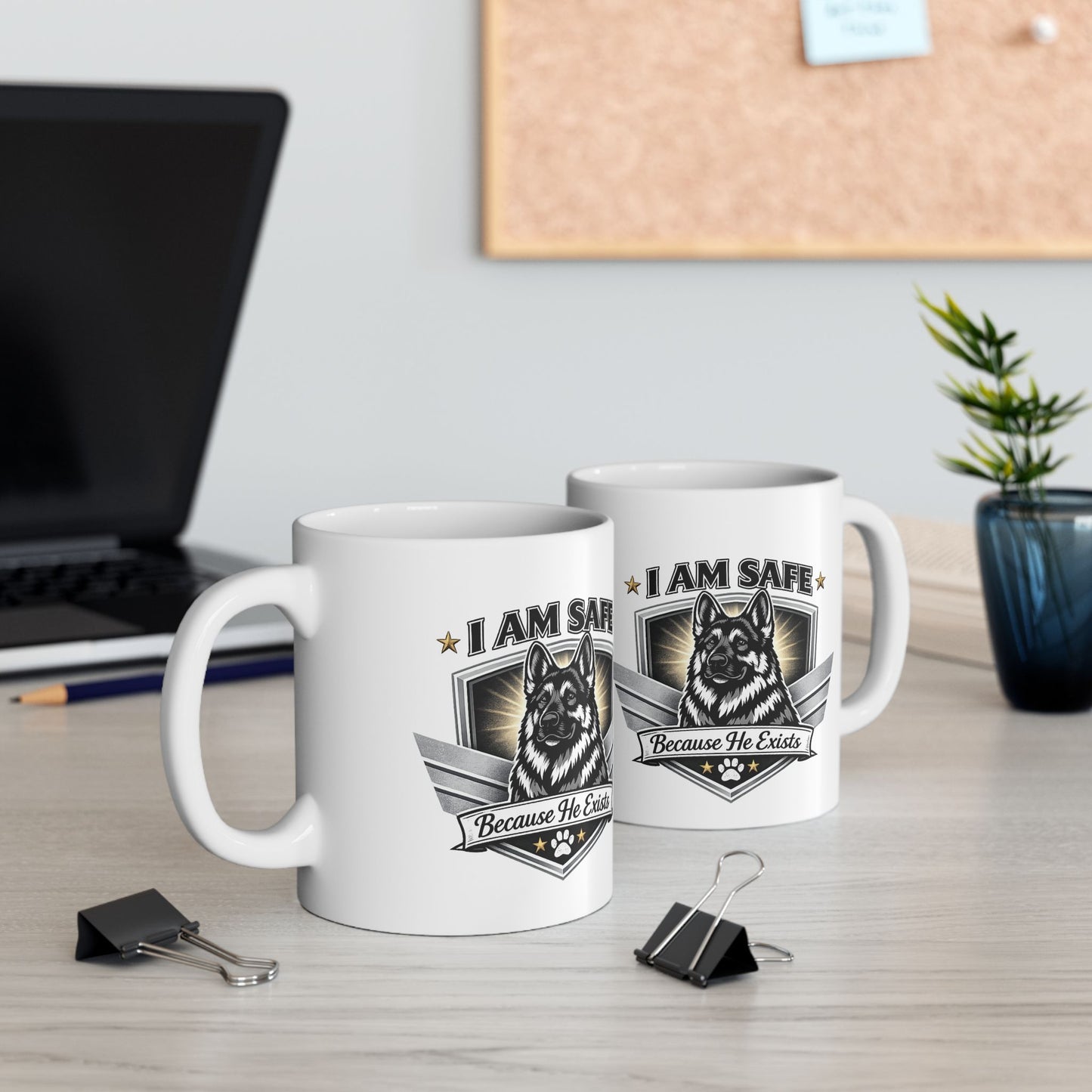 Dog Dad Ceramic Mug — “I Am Safe Because My Dog Protects Me” Military Badge Coffee Cup