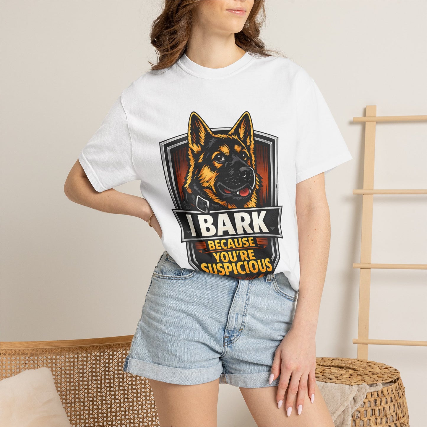 Dog Lover T‑Shirt — “I Bark Because You’re Suspicious” German Shepherd Tee