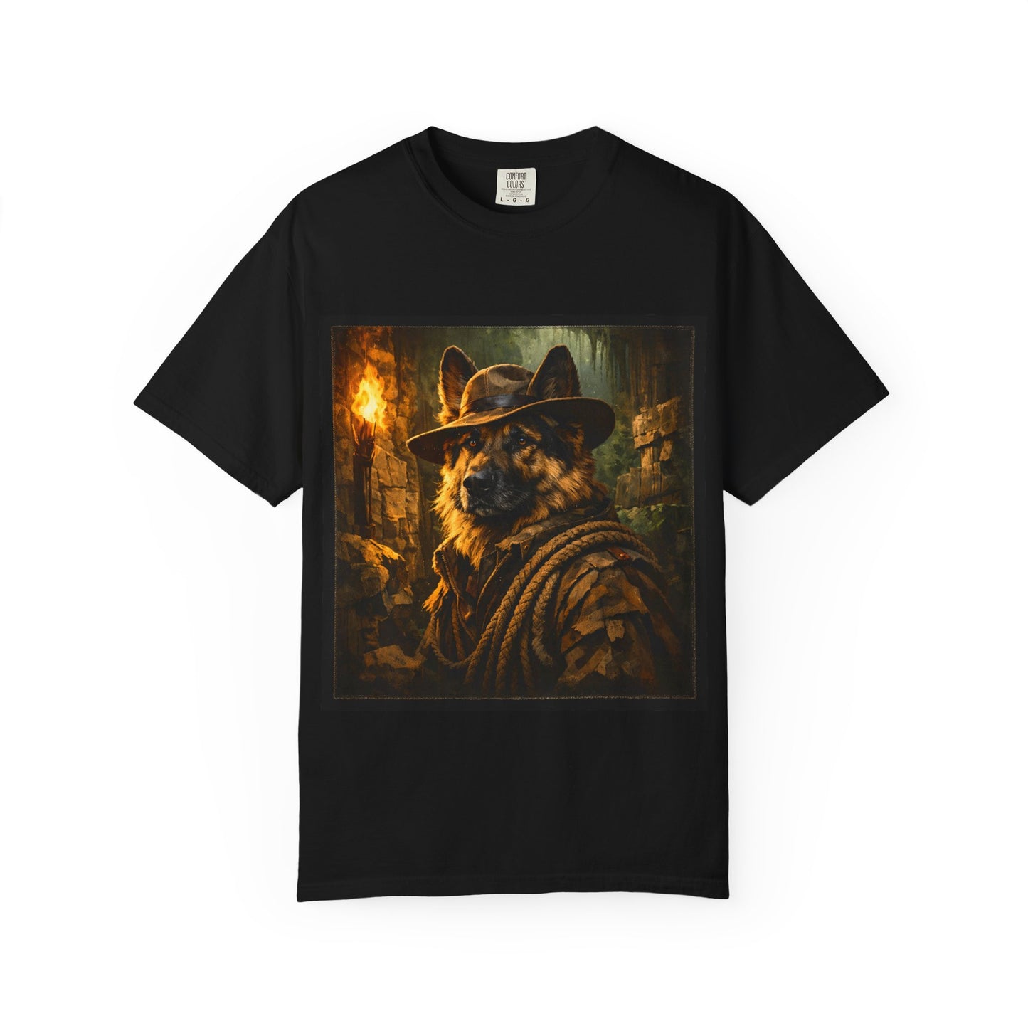 Indy Explorer German Shepherd T‑Shirt – Adventure Dog Lover Tee | Vintage Noir Canine Illustration | Bella Canvas 3001