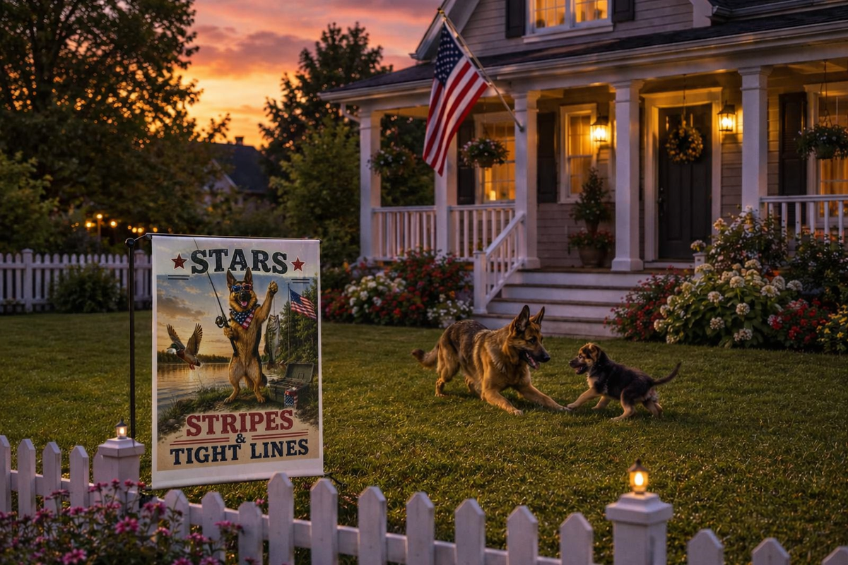 Stars Stripes and Tight Lines German Shepherd Garden Flag | Patriotic Fishing Flag | Fourth of July Yard Decor
