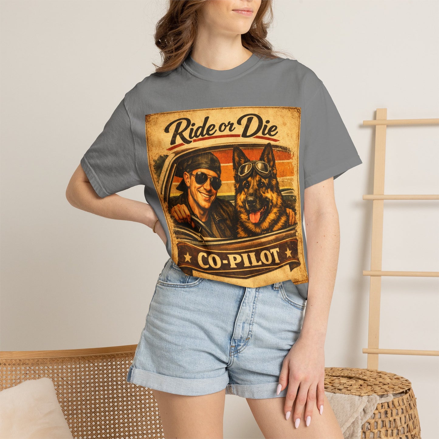 Ride or Die Co-Pilot T-shirt | Retro Driver and German Shepherd Design