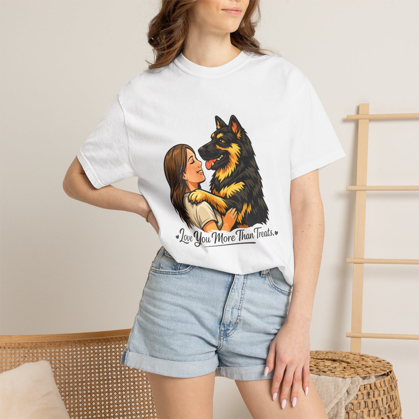 I Love You More Than Treats T-shirt | Girl Hugging German Shepherd Dog