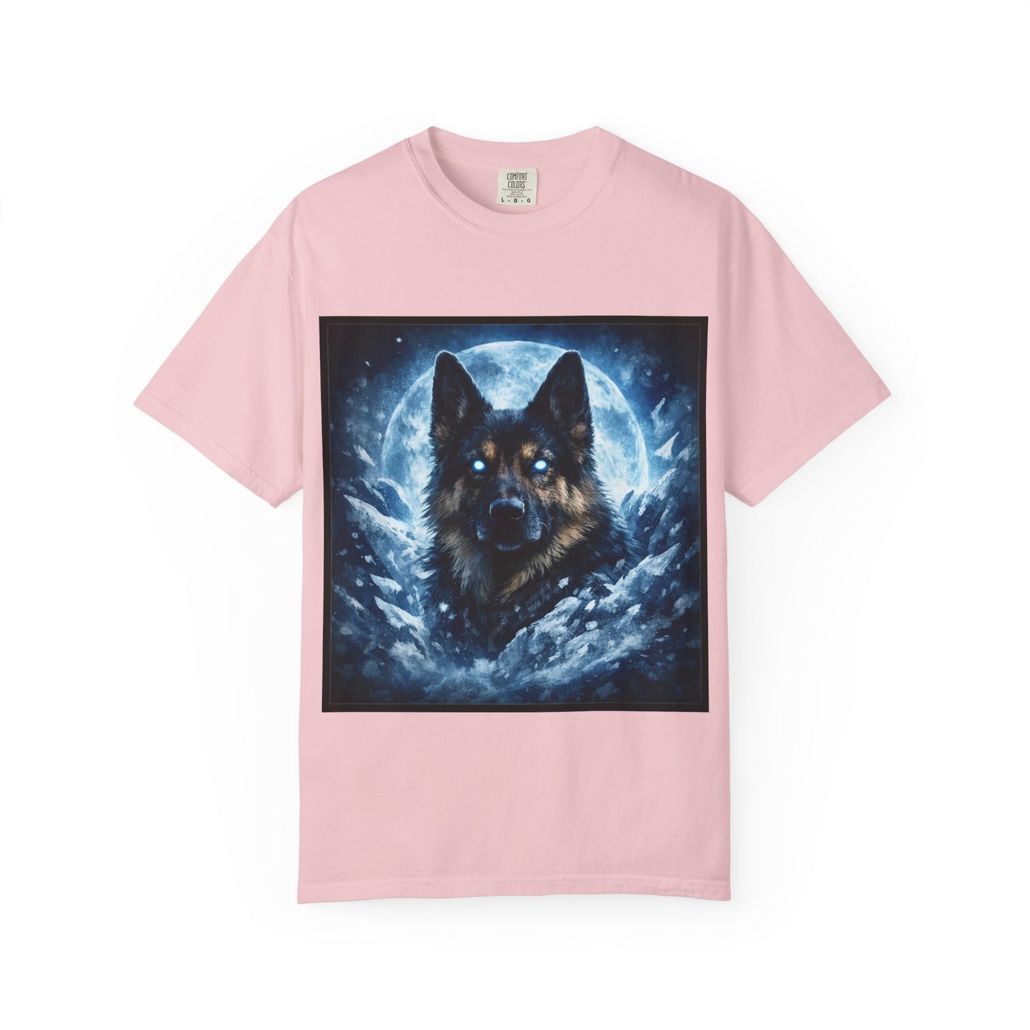 Mystic German Shepherd Moon T-shirt | Glowing Blue German Shepherd Portrait