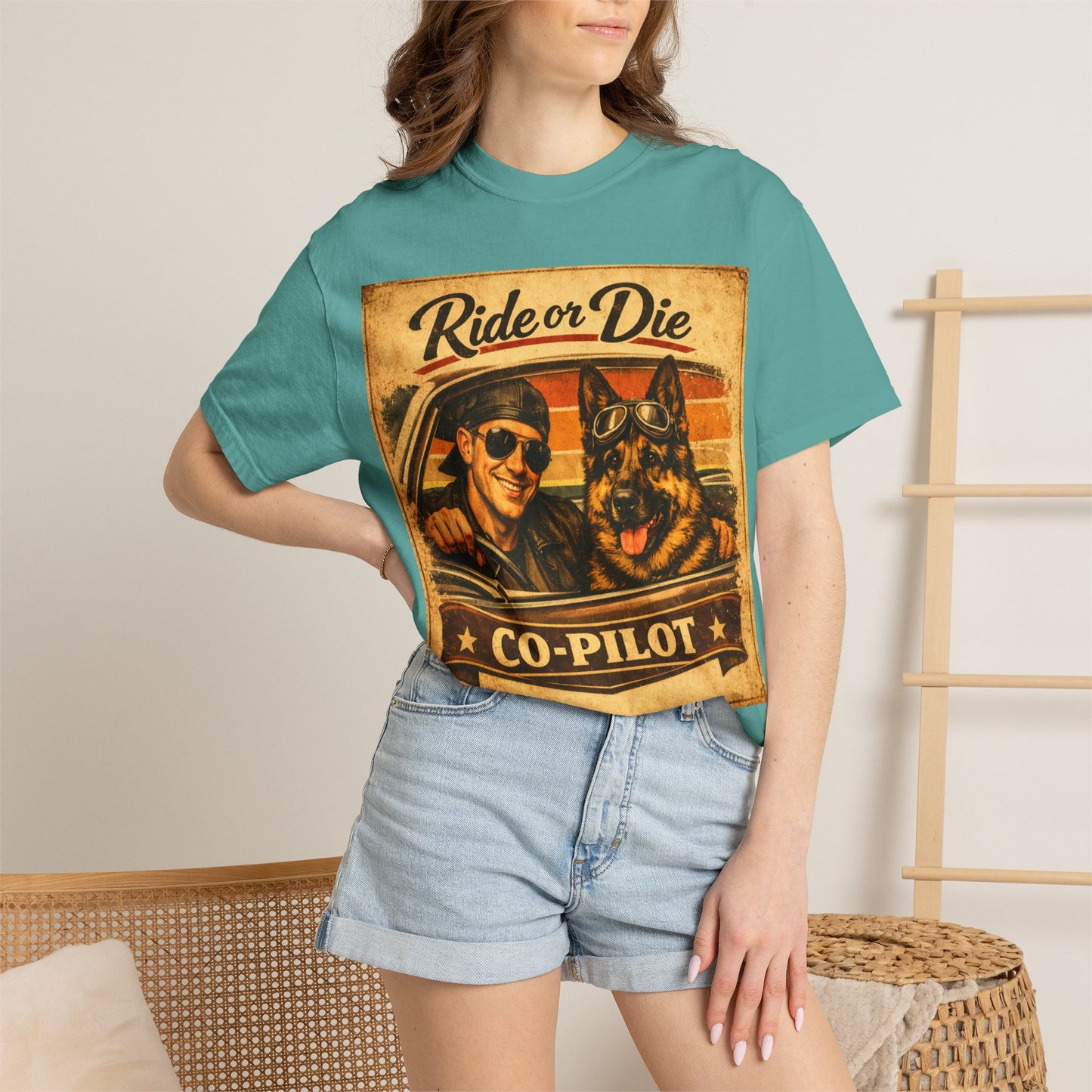 Ride or Die Co-Pilot T-shirt | Retro Driver and German Shepherd Design