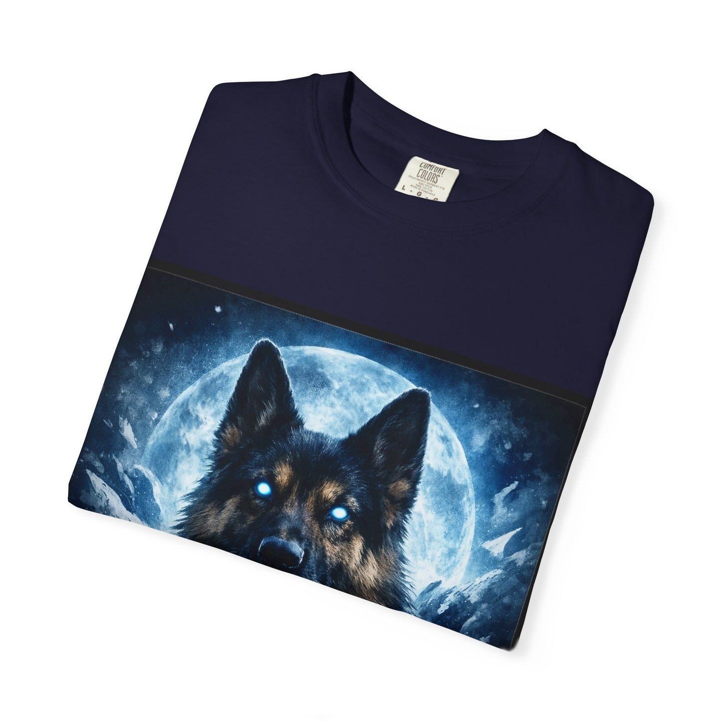 Mystic German Shepherd Moon T-shirt | Glowing Blue German Shepherd Portrait