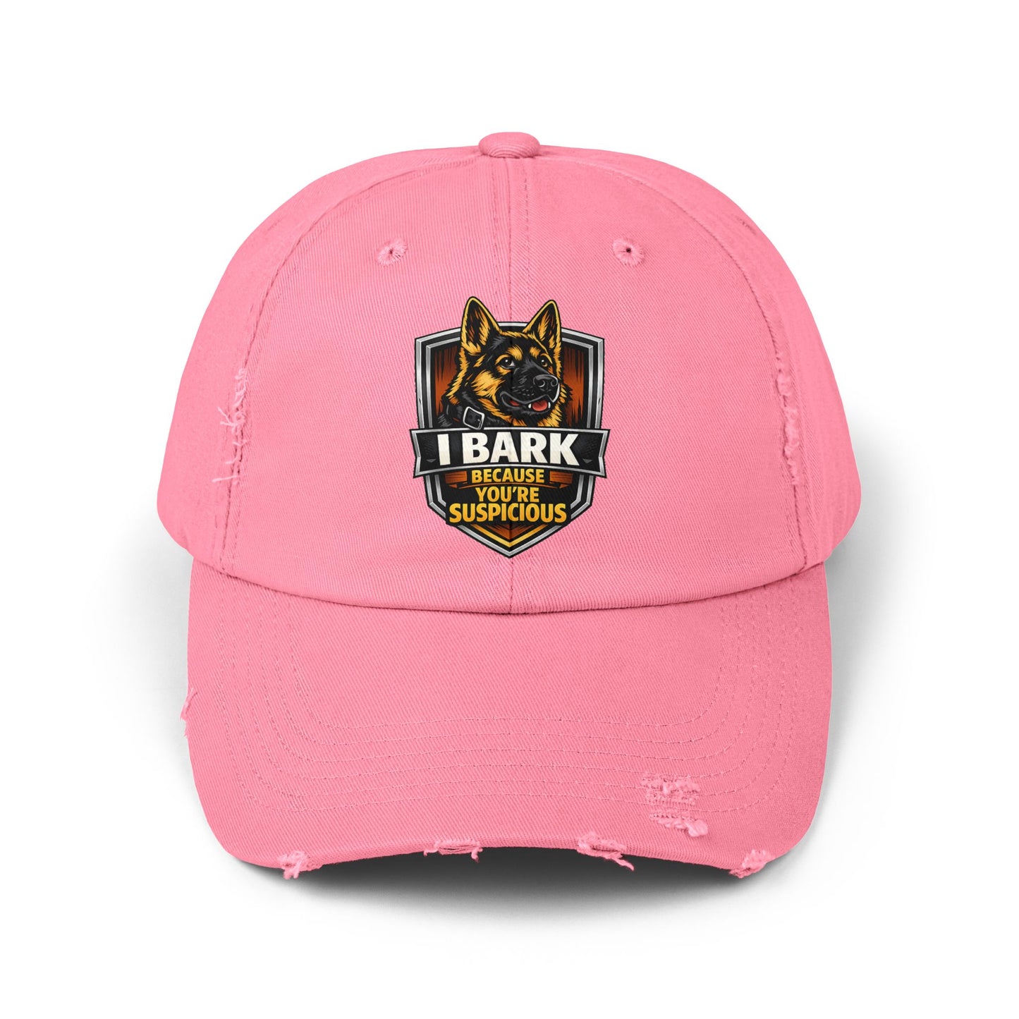 Distressed Cap — “I Bark Because You’re Suspicious” German Shepherd Patrol Hat