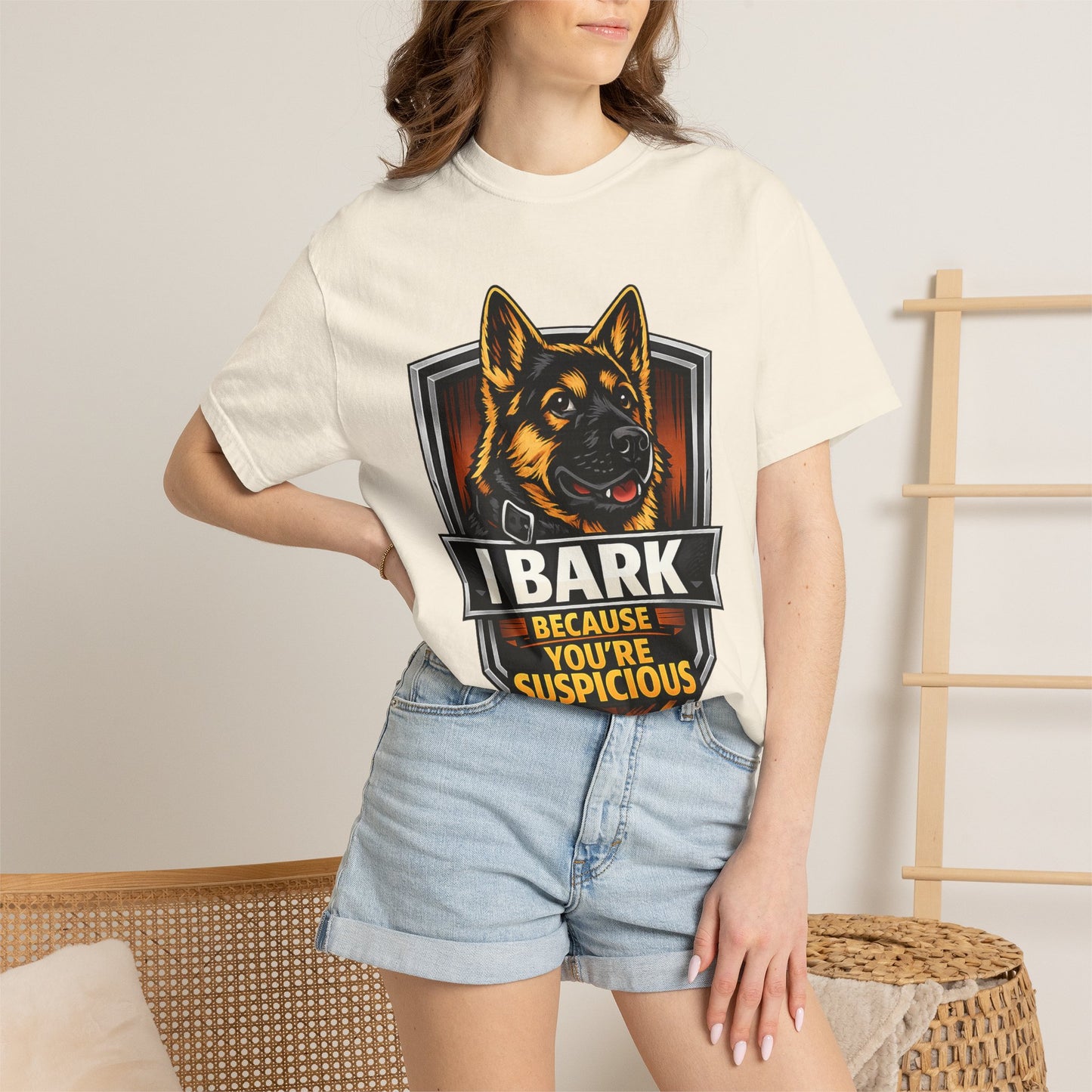 Dog Lover T‑Shirt — “I Bark Because You’re Suspicious” German Shepherd Tee