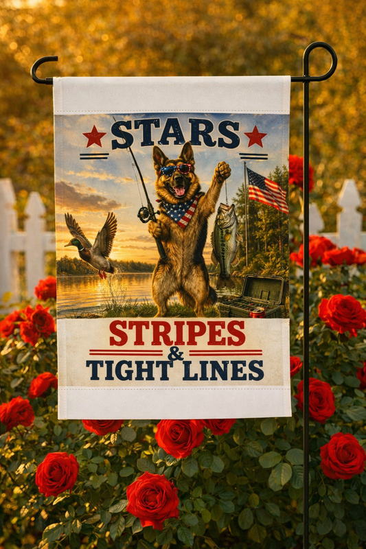 Stars Stripes and Tight Lines German Shepherd Garden Flag | Patriotic Fishing Flag | Fourth of July Yard Decor
