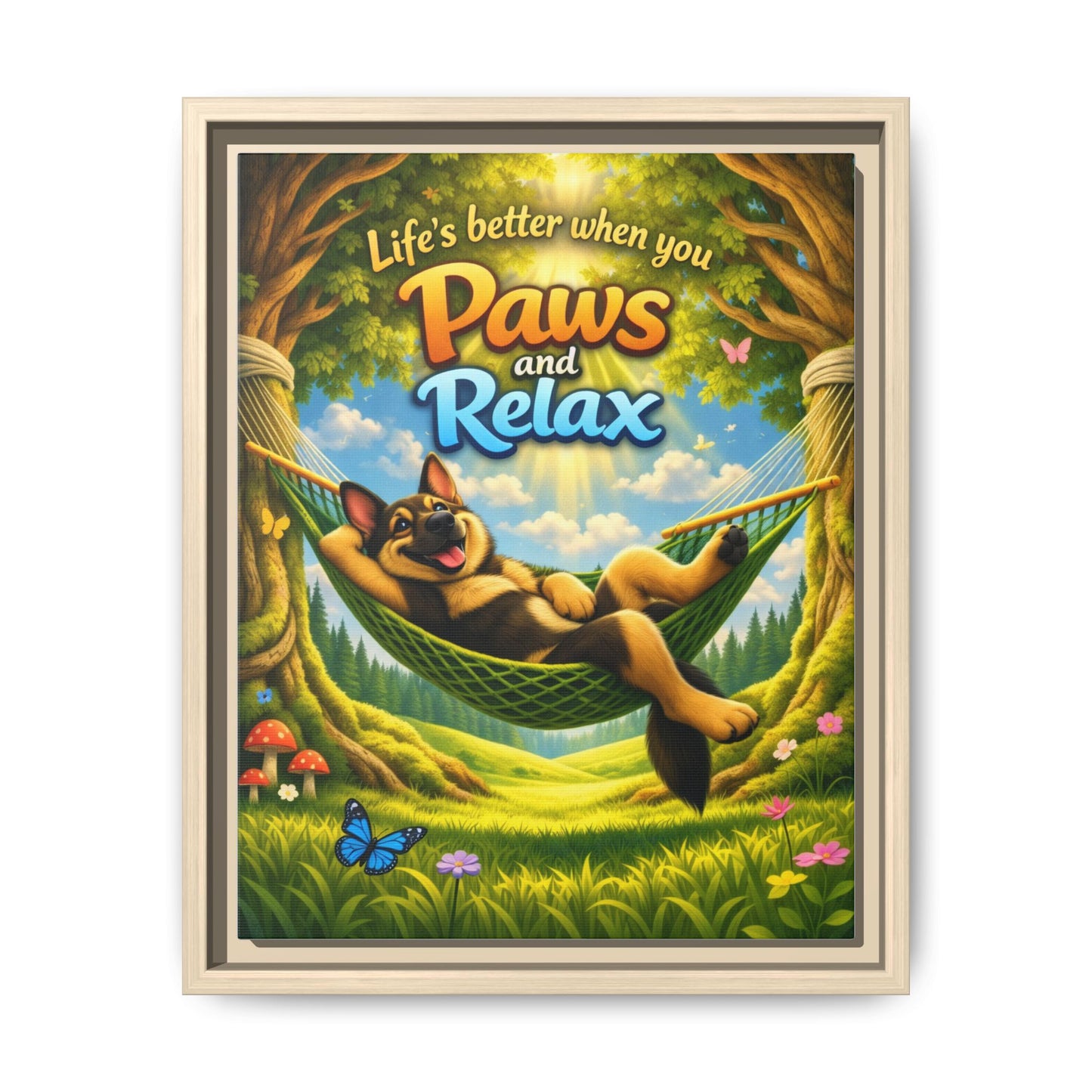 German Shepherd Wall Art – "Life's Better When You Paws and Relax" Framed Canvas Print