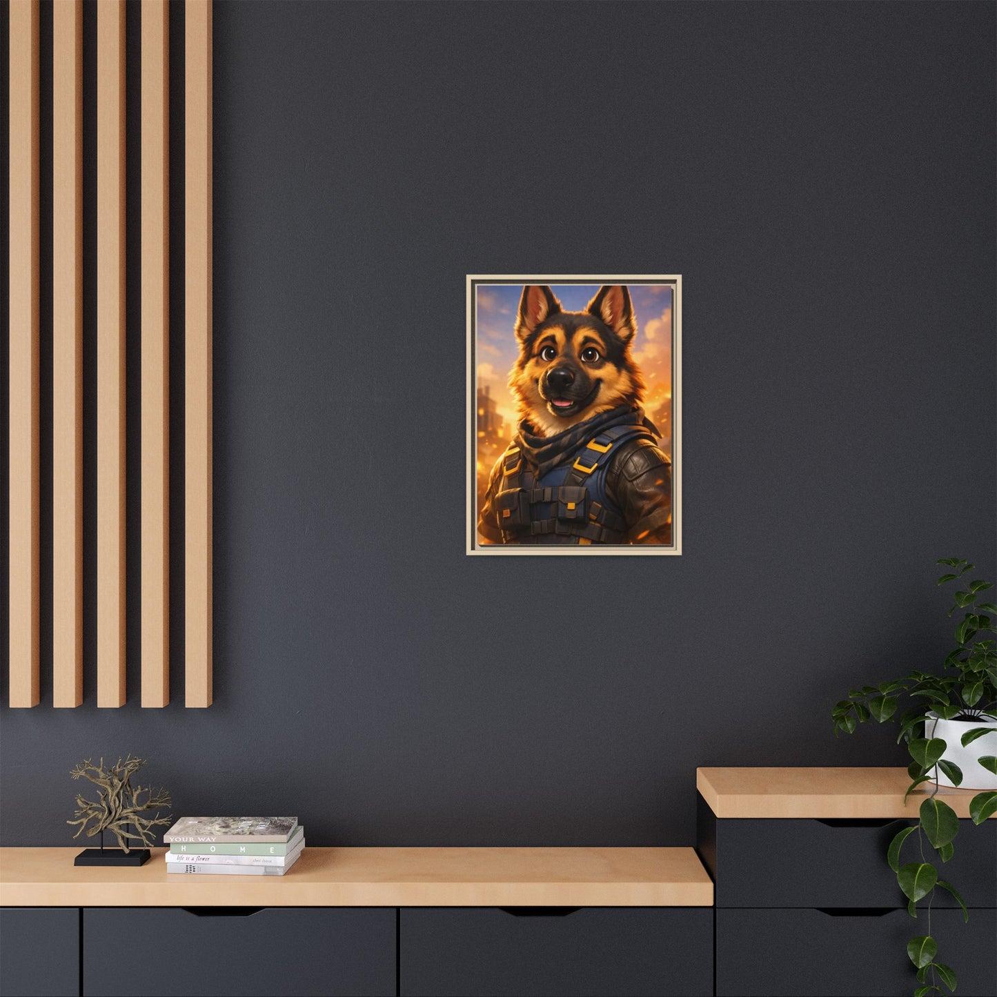 German Shepherd Hero Art – Tactical Dog Character Wall Canvas | Cinematic GSD Decor | Framed Matte Canvas