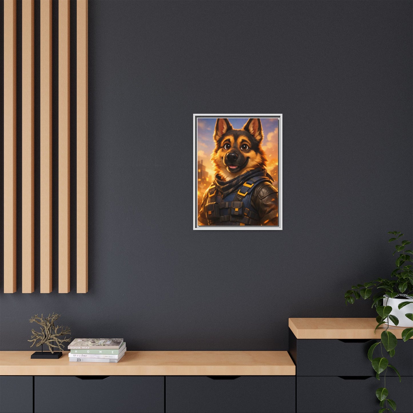 German Shepherd Hero Art – Tactical Dog Character Wall Canvas | Cinematic GSD Decor | Framed Matte Canvas