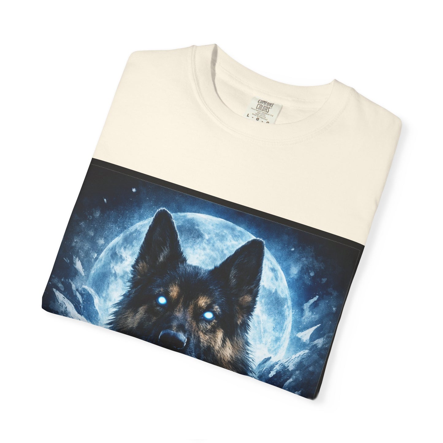 Mystic German Shepherd Moon T-shirt | Glowing Blue German Shepherd Portrait