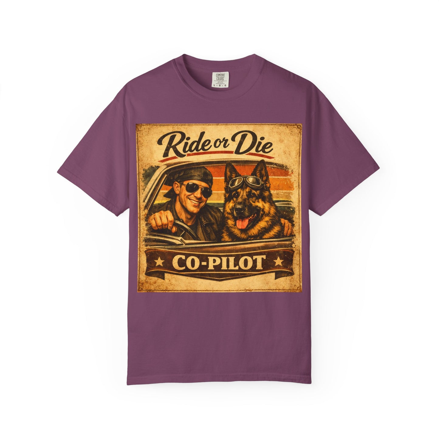 Ride or Die Co-Pilot T-shirt | Retro Driver and German Shepherd Design
