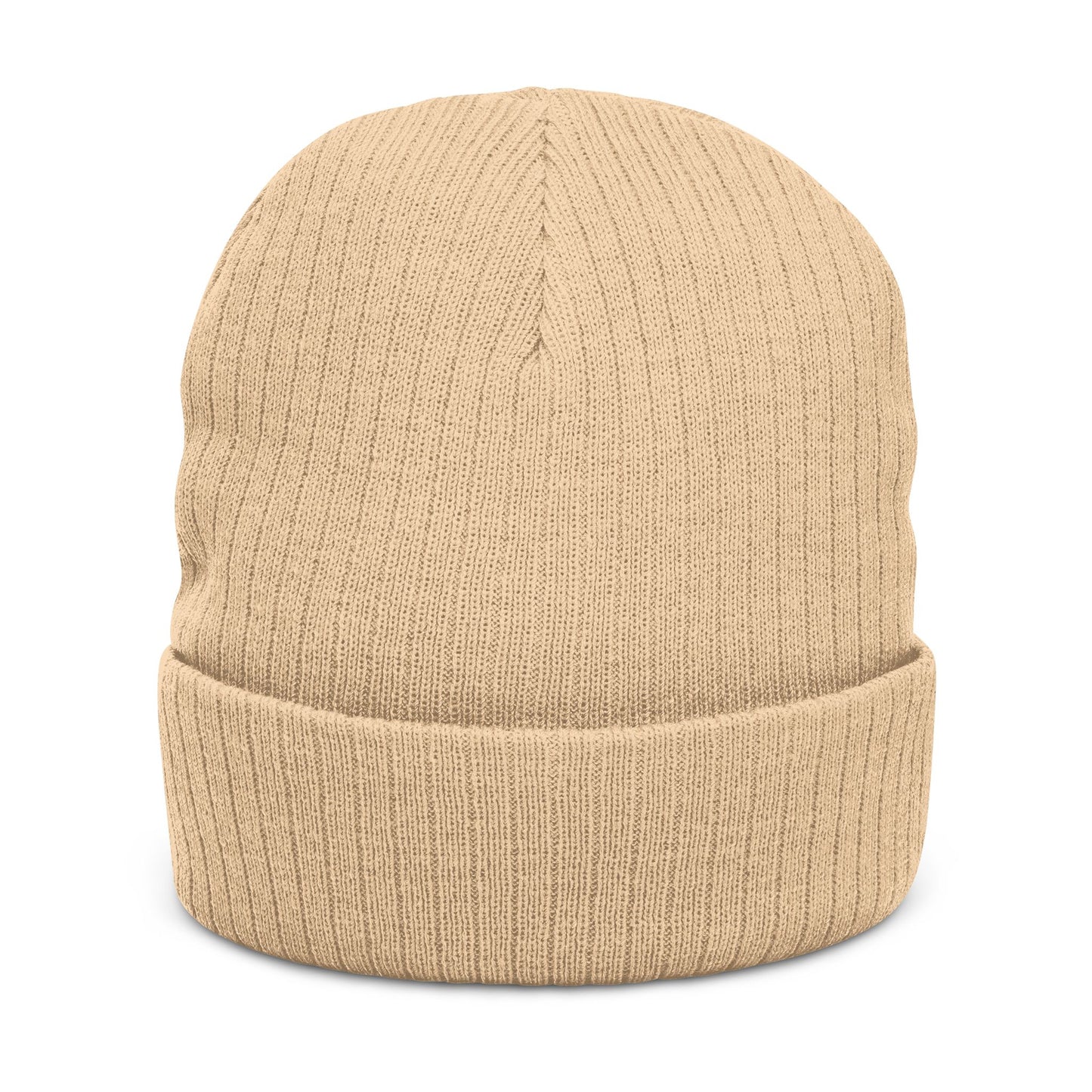 Embroidered Ribbed Knit Beanie — Vintage Crest Patch Winter Hat