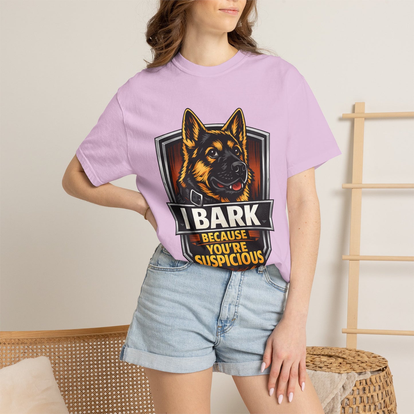 Dog Lover T‑Shirt — “I Bark Because You’re Suspicious” German Shepherd Tee
