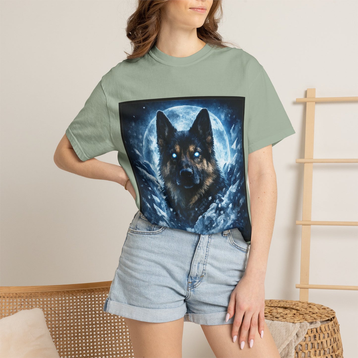 Mystic German Shepherd Moon T-shirt | Glowing Blue German Shepherd Portrait