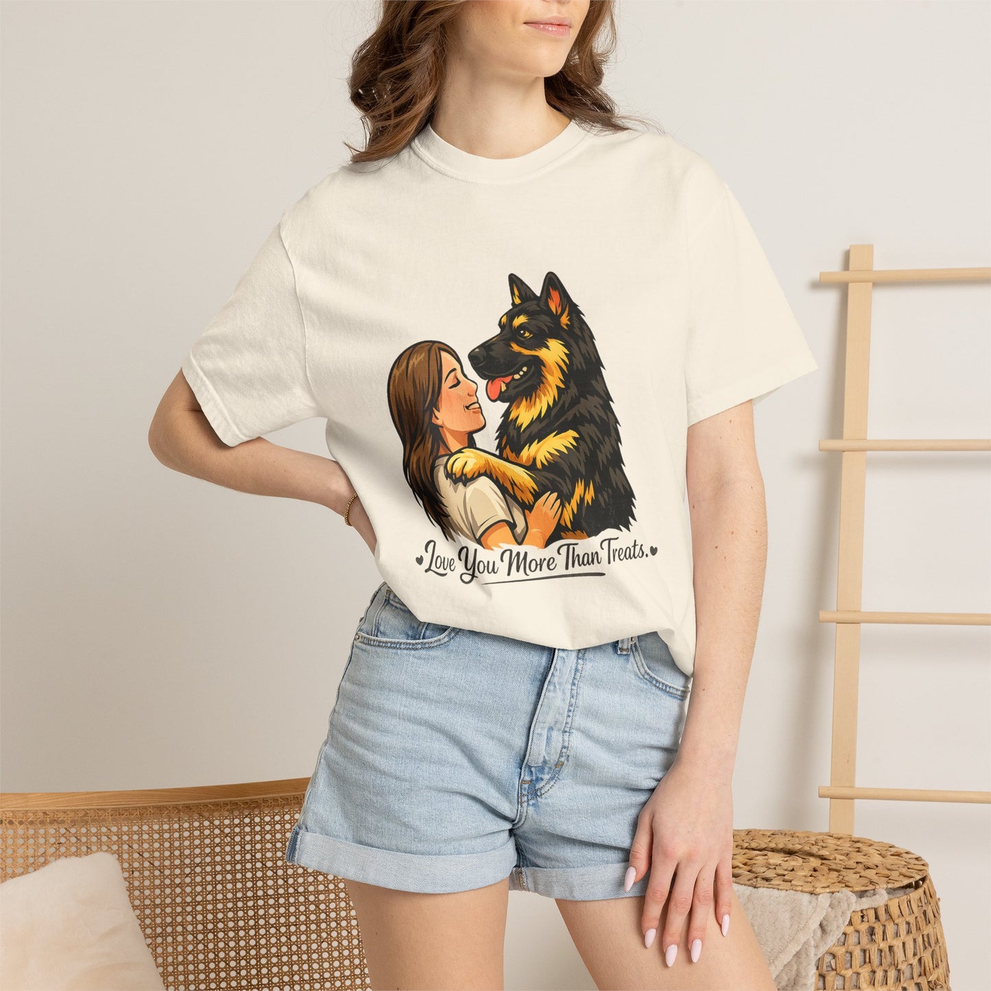 I Love You More Than Treats T-shirt | Girl Hugging German Shepherd Dog