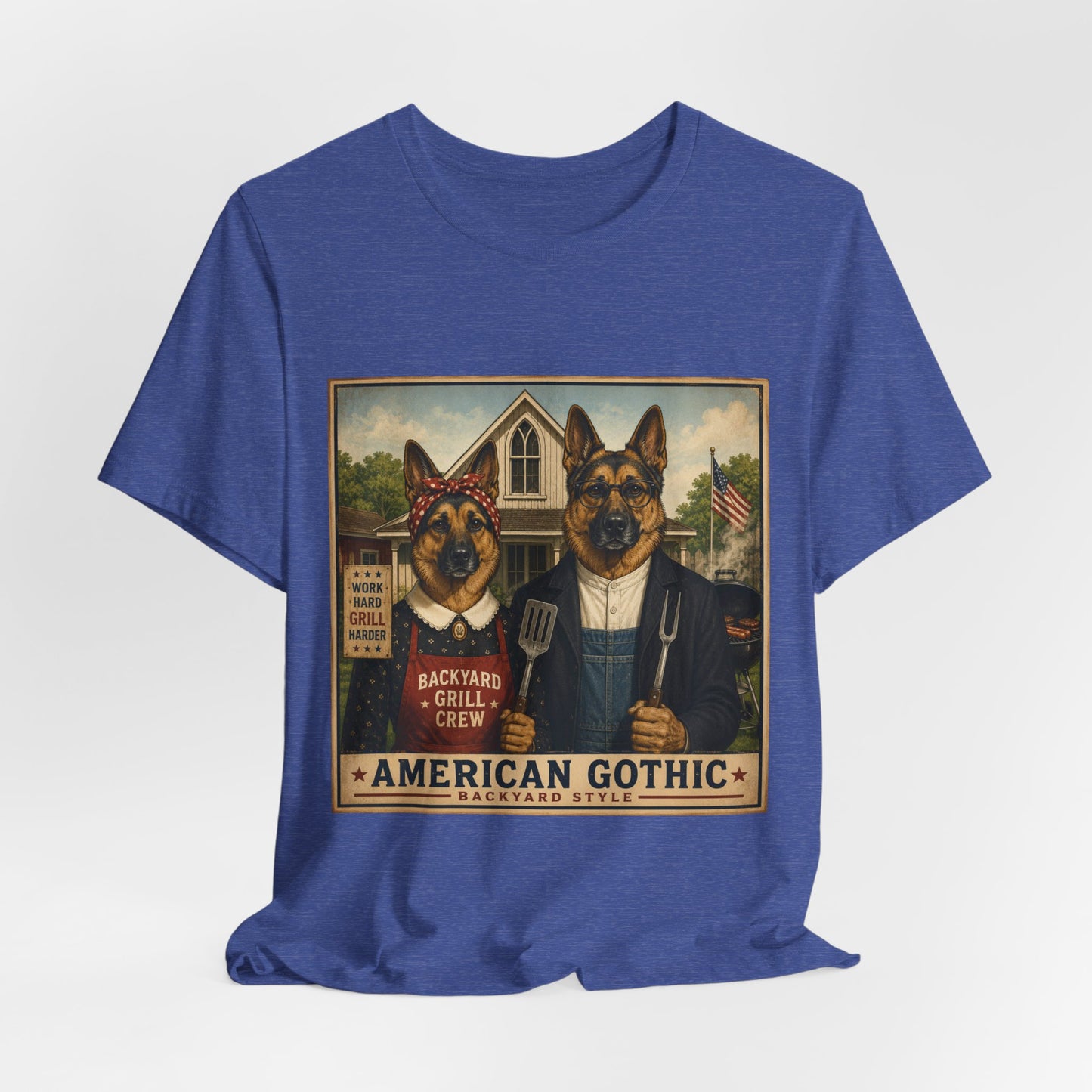 American Gothic – Backyard Style | German Shepherd BBQ T-Shirt