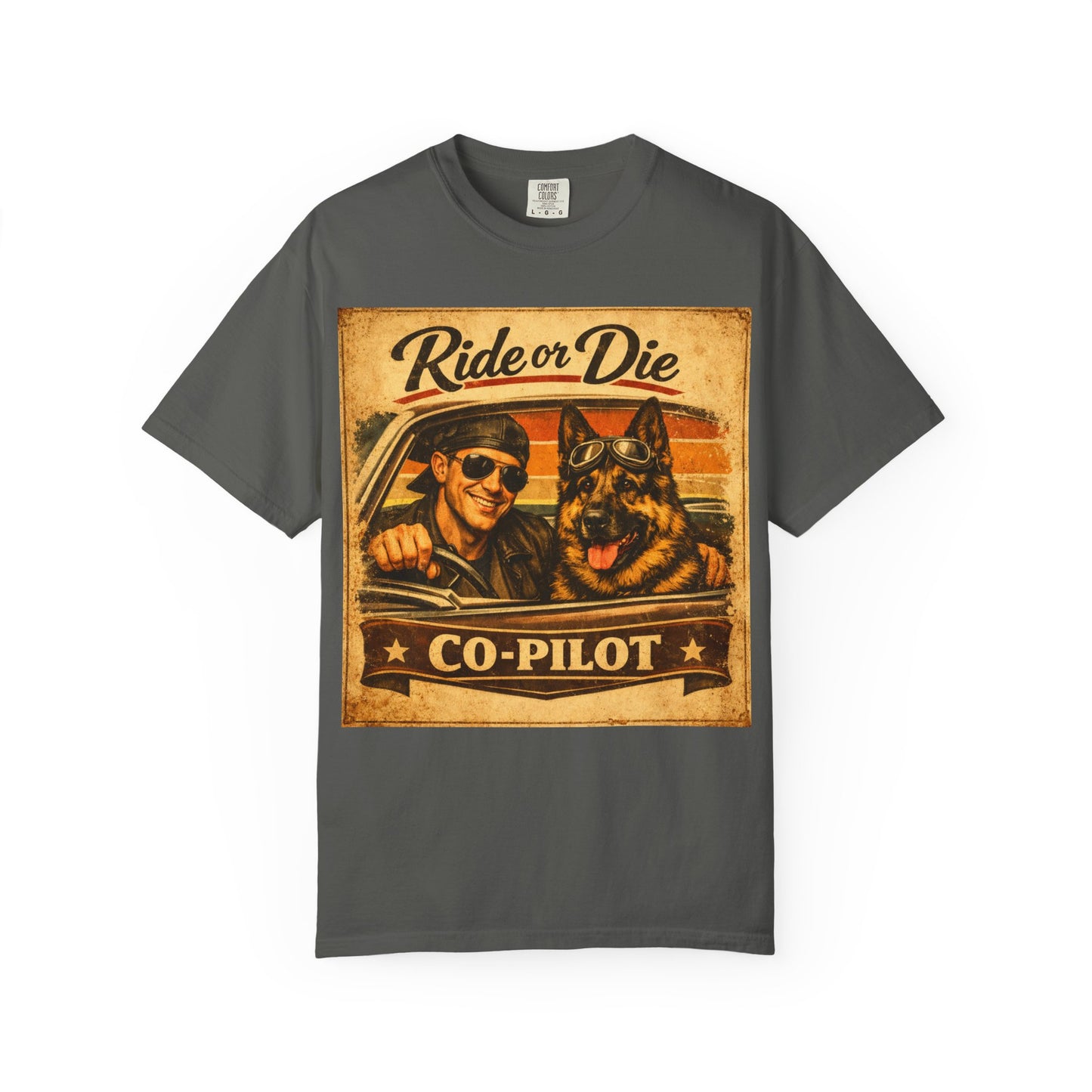 Ride or Die Co-Pilot T-shirt | Retro Driver and German Shepherd Design
