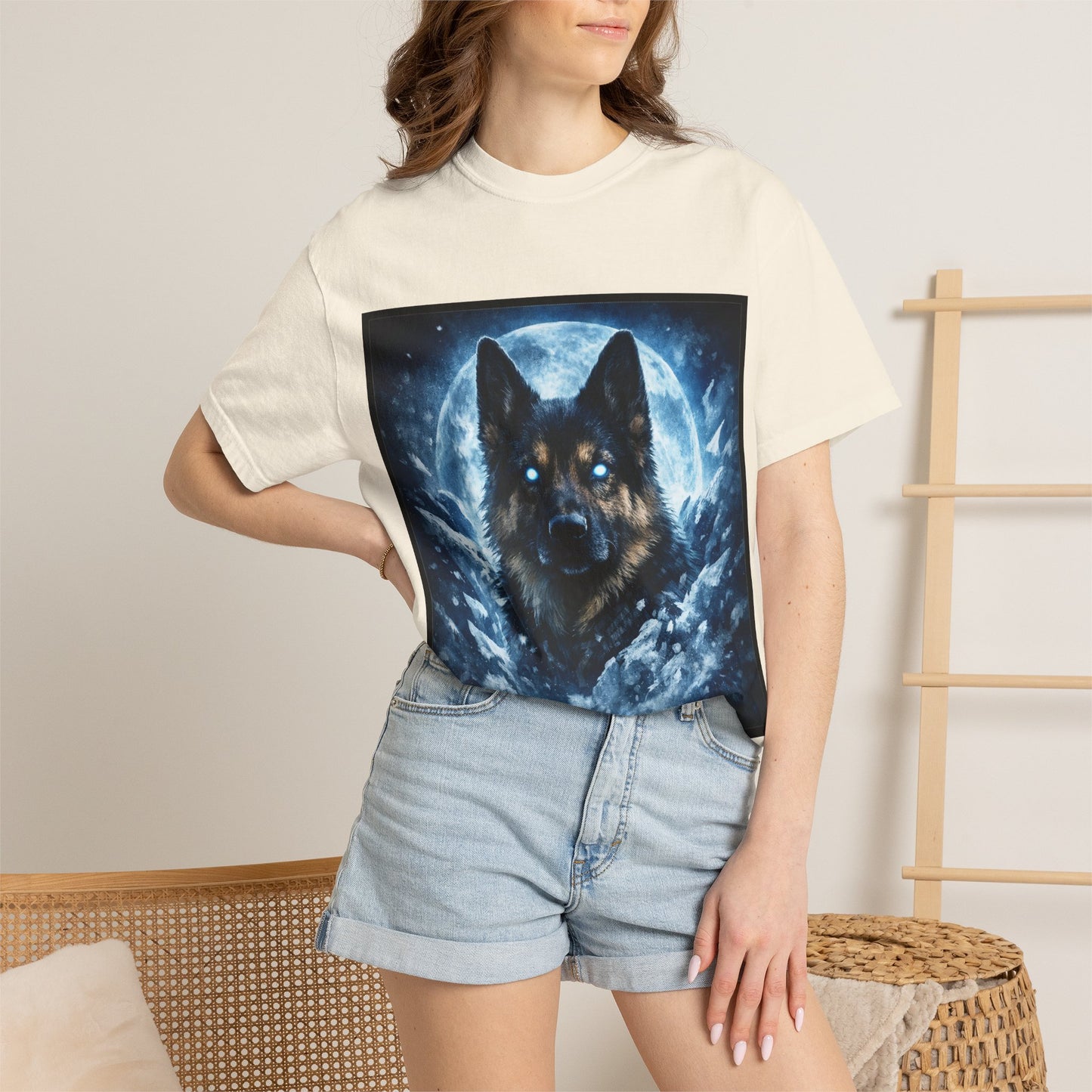 Mystic German Shepherd Moon T-shirt | Glowing Blue German Shepherd Portrait
