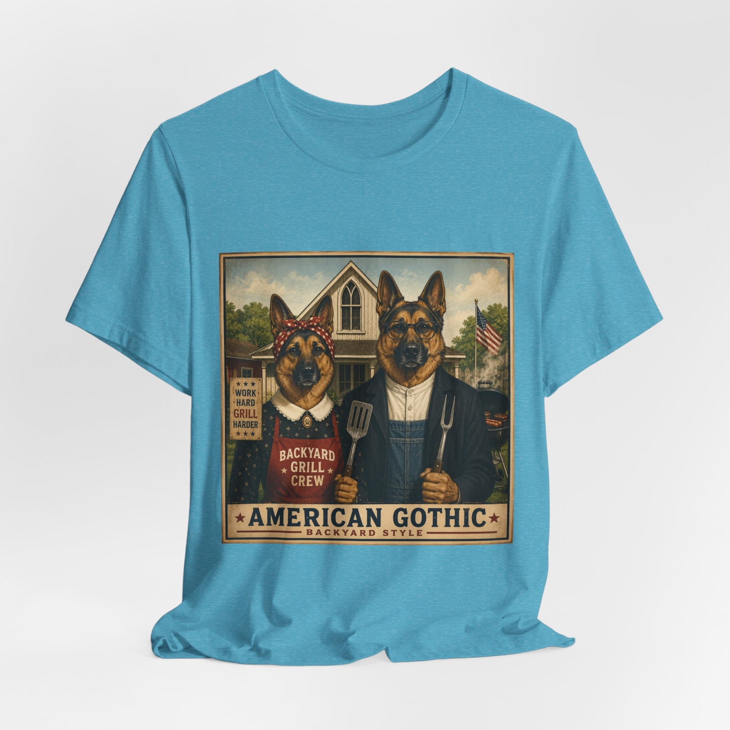 American Gothic – Backyard Style | German Shepherd BBQ T-Shirt