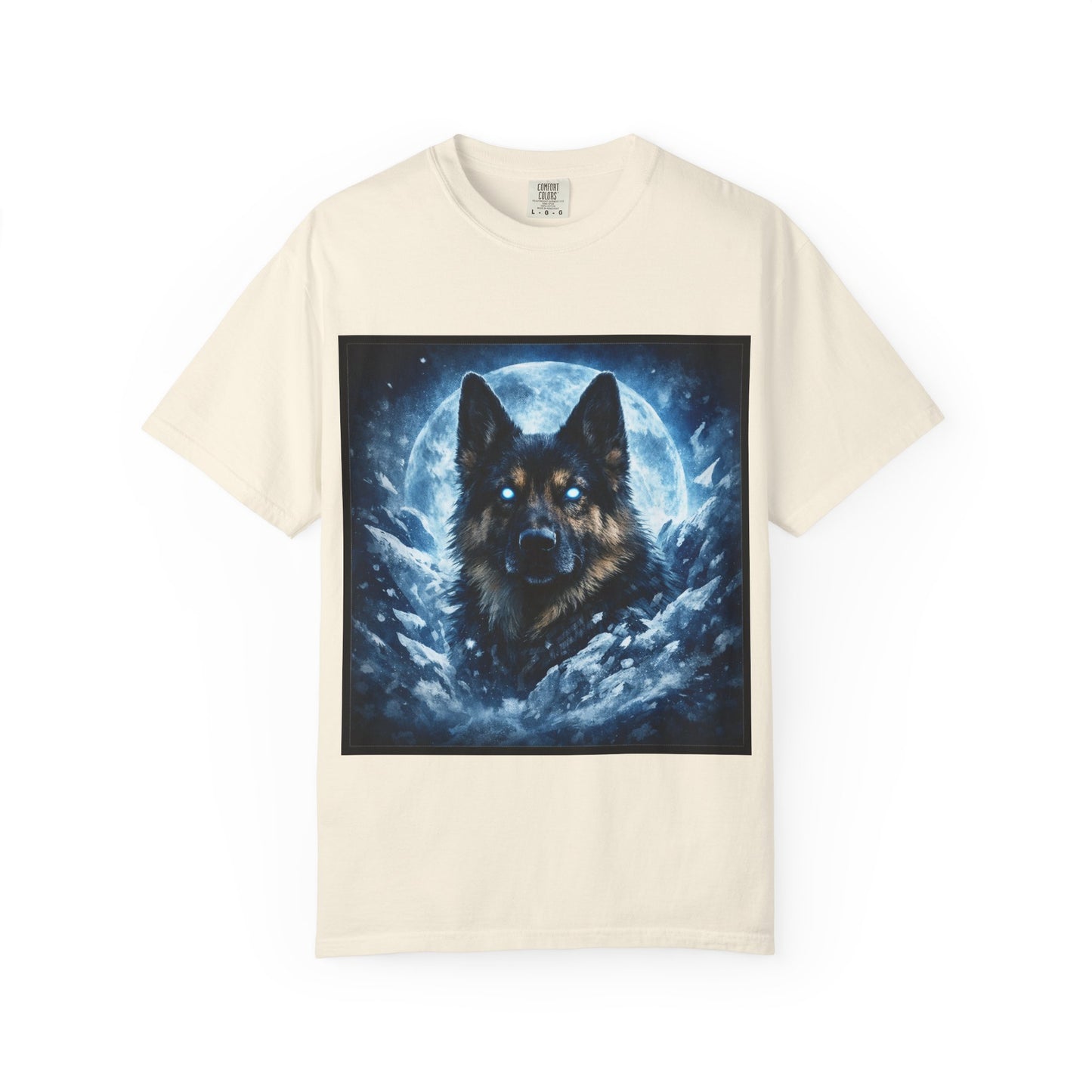 Mystic German Shepherd Moon T-shirt | Glowing Blue German Shepherd Portrait