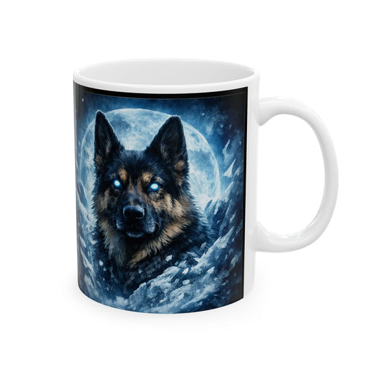 German Shepherd Moon Painting Mug – Night Sky Dog Lover Coffee Cup | Artistic Shepherd Illustration | Ceramic 11oz/15oz