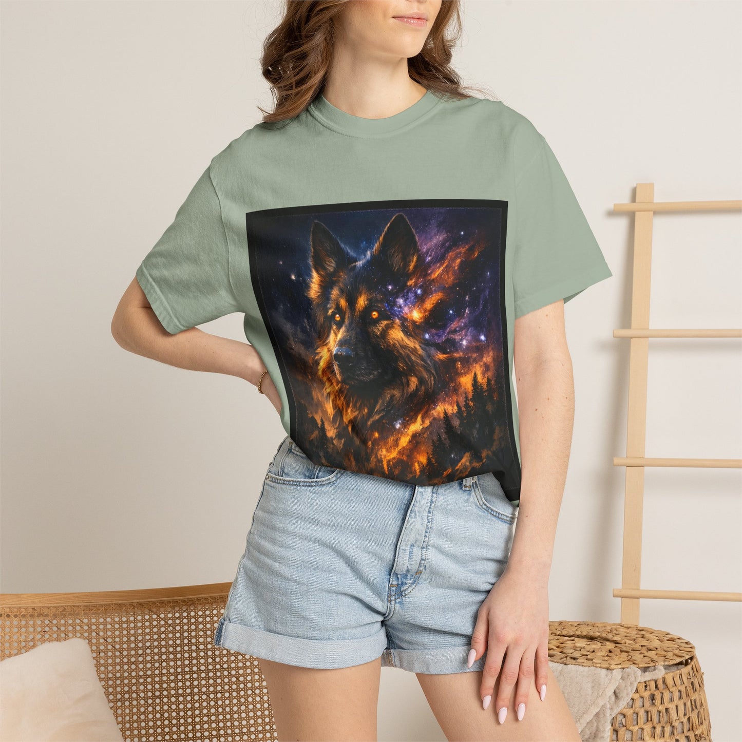 Cosmic German Shepherd Blaze T-Shirt | Galaxy fire Animal Artwork