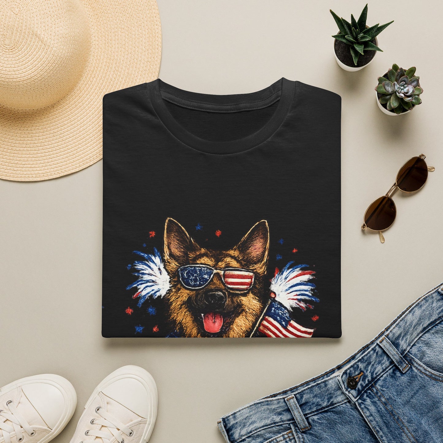 Patriotic German Shepherd Graphic T-Shirt | American Flag Sunglasses, Fireworks