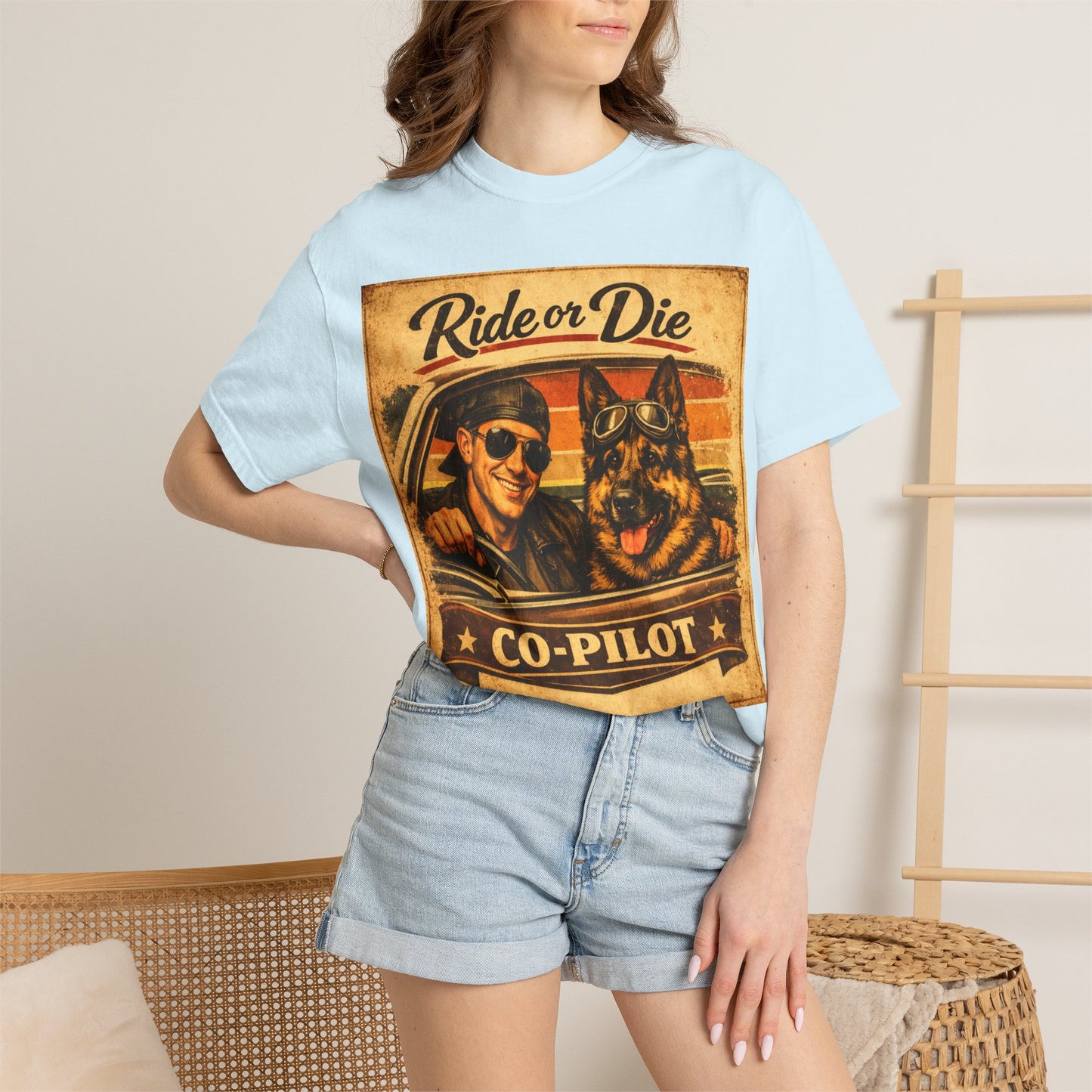 Ride or Die Co-Pilot T-shirt | Retro Driver and German Shepherd Design