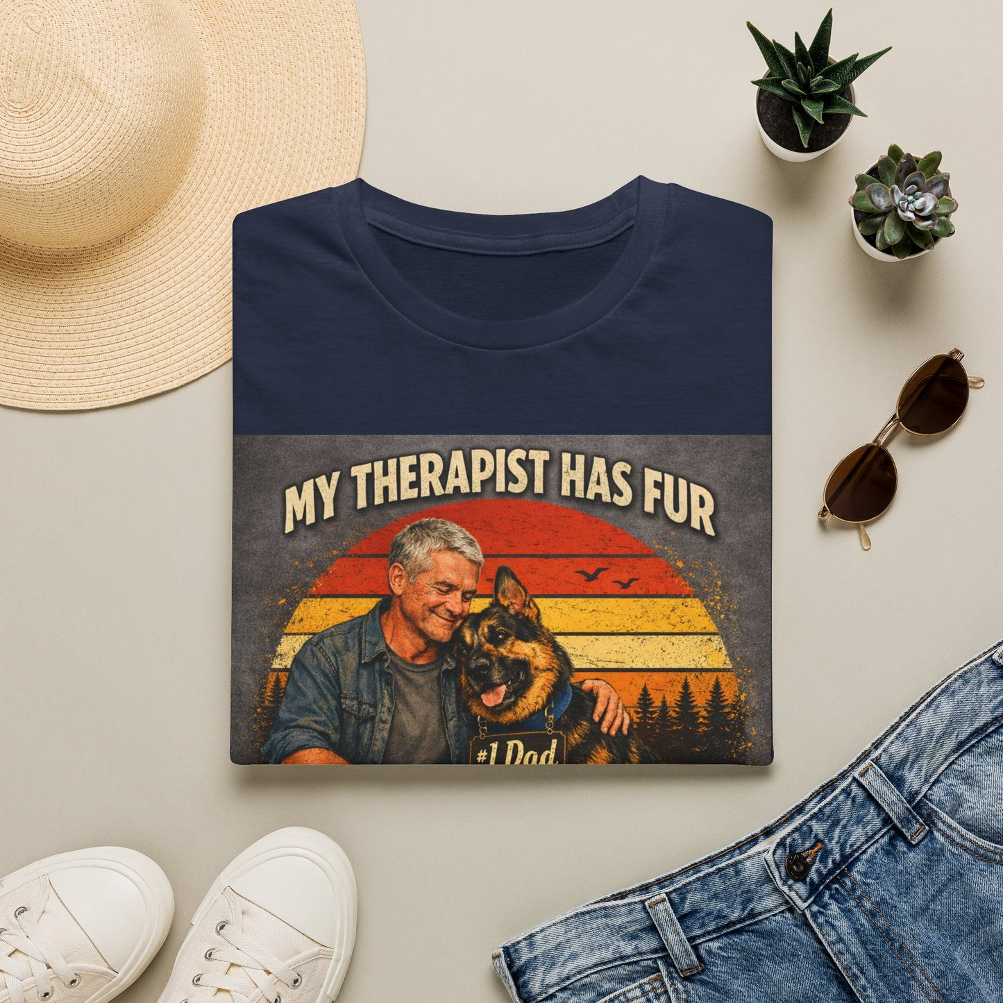 My Therapist Has Fur T-Shirt | Dog Dad Retro Sunset Design