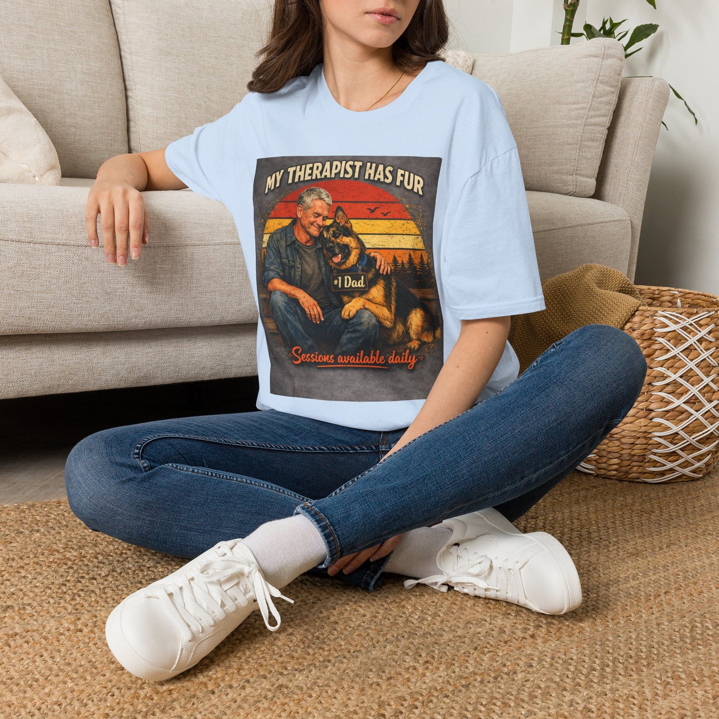 My Therapist Has Fur T-Shirt | Dog Dad Retro Sunset Design