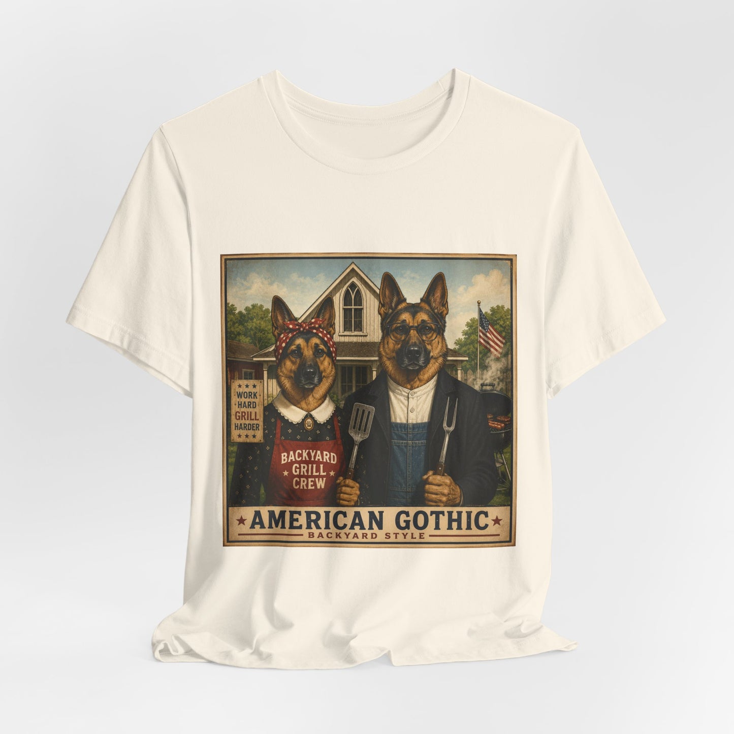 American Gothic – Backyard Style | German Shepherd BBQ T-Shirt