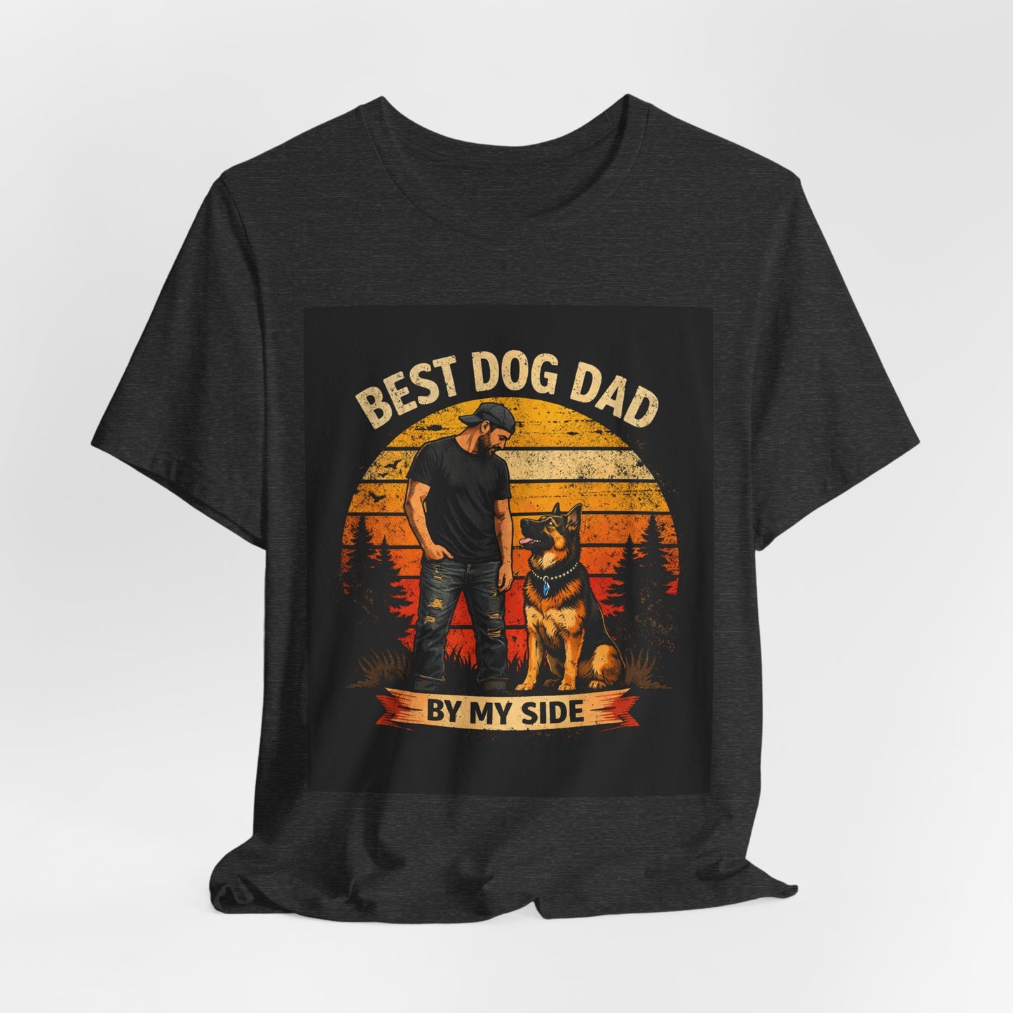 Best Dog Dad by My Side T‑Shirt — “By My Side” German Shepherd Father’s Day Gift Tee | Vintage Sunset Dog Lover Design | Bella Canvas 3001