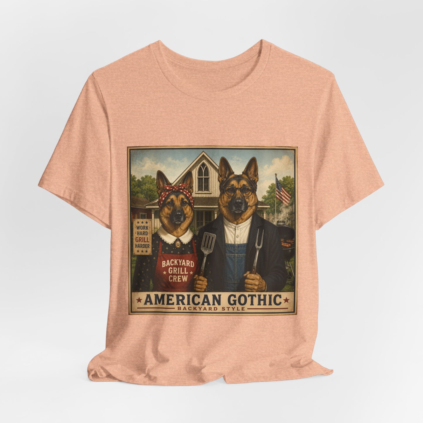 American Gothic – Backyard Style | German Shepherd BBQ T-Shirt